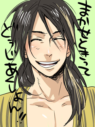 duruko, kamen rider den-o, kintaros, kintarosu, nogami ryoutarou, kamen rider, kamen rider den-o (series), bad id, bad pixiv id, lowres, 1boy, black hair, closed eyes, grin, male focus, smile, solo