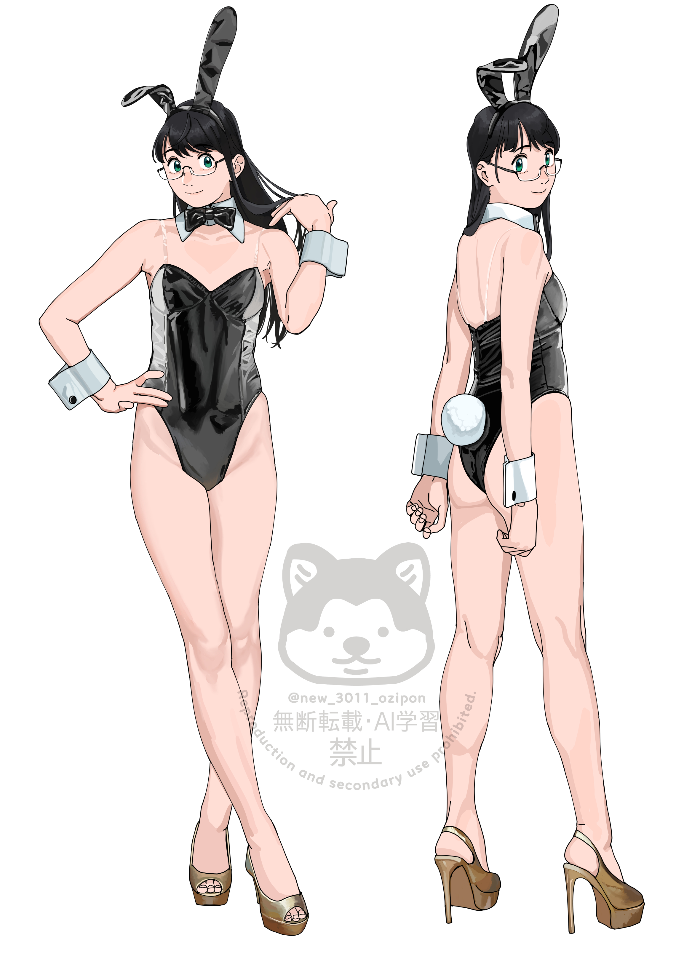 ojipon, ooyodo (kancolle), kantai collection, absurdres, highres, 1girl, alternate costume, animal ear hairband, animal ears, ass, bare legs, black hair, black leotard, bow, bowtie, detached collar, fake animal ears, full body, glasses, gold shoes, green eyes, hairband, high heels, leotard, long hair, multiple views, playboy bunny, rabbit ears, rabbit tail, see-through strap, shoes, smile, strapless, strapless leotard, tail, wrist cuffs