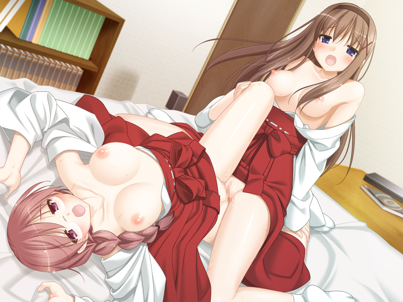 kani biimu, kitajima kaede, kitajima sara, fuguriya, sono hanabira ni kuchizuke wo, traditional clothes, game cg, 2girls, blush, breasts, brown hair, censored, clothed sex, clothes lift, cousins, glasses, hakama, hakama skirt, incest, japanese clothes, kimono, long hair, medium breasts, miko, mosaic censoring, multiple girls, nipples, no bra, no panties, open clothes, open mouth, open shirt, ponytail, pussy, red hakama, shirt, skirt, skirt lift, tribadism, yuri