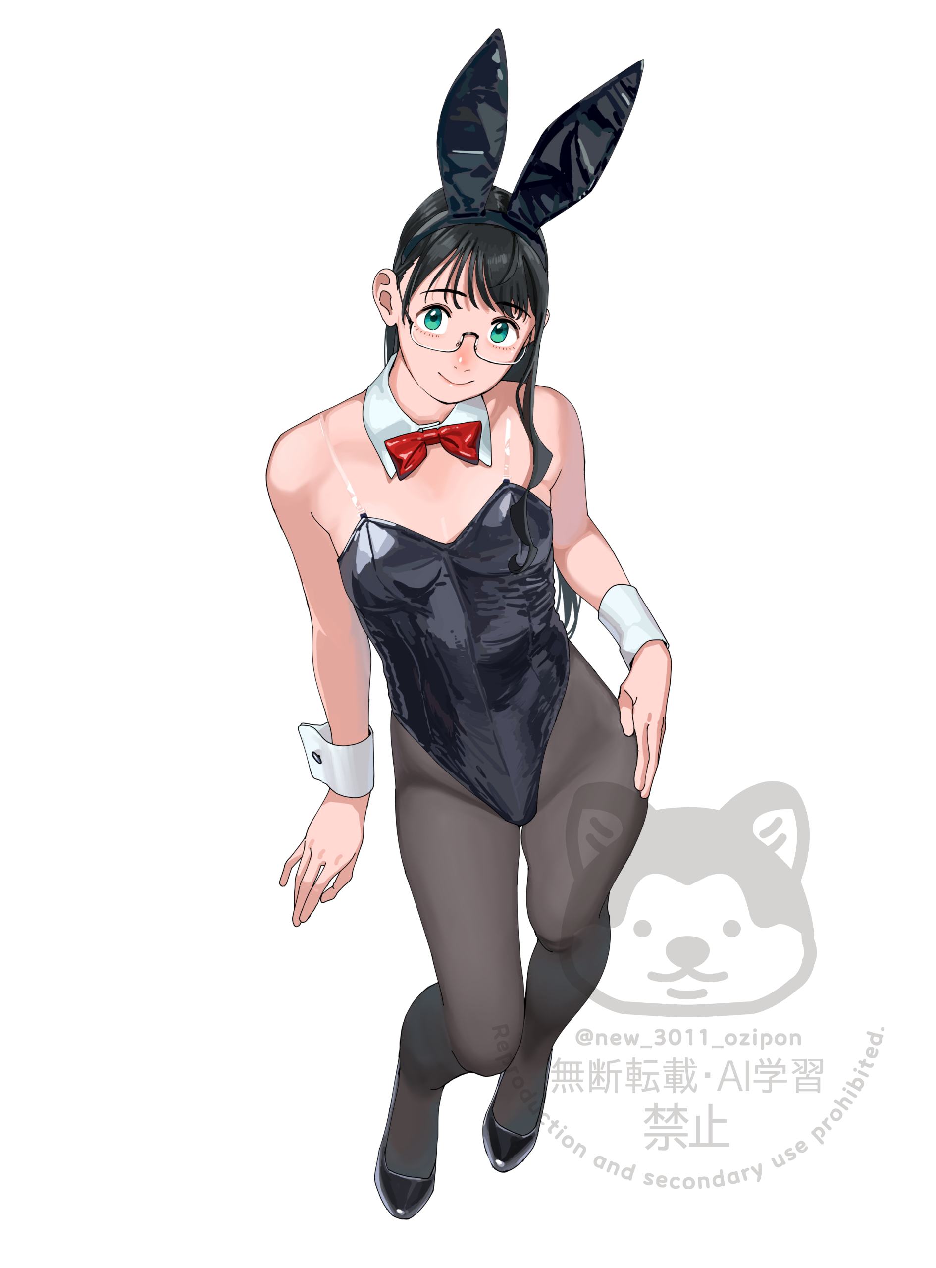 ojipon, ooyodo (kancolle), kantai collection, absurdres, highres, 1girl, animal ear hairband, animal ears, artist logo, black hair, black leotard, black pantyhose, bow, bowtie, breasts, detached collar, fake animal ears, full body, hairband, leotard, logo, long hair, pantyhose, playboy bunny, rabbit ears, red bow, red bowtie, red eyes, see-through strap, simple background, small breasts, smile, solo, standing, strapless, strapless leotard, watermark, white background, wrist cuffs
