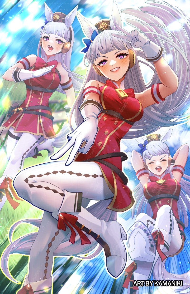 kamaniki, gold ship (red strife) (umamusume), gold ship (umamusume), umamusume, highres, 1girl, animal ears, arms behind head, blunt bangs, blush, boots, brown hat, closed eyes, double v, dress, earmuffs, gloves, hat, high heel boots, high heels, horse ears, horse girl, horse tail, long hair, open mouth, pantyhose, purple eyes, red dress, short dress, sleeveless, sleeveless dress, tail, v, white boots, white gloves, white hair, white pantyhose
