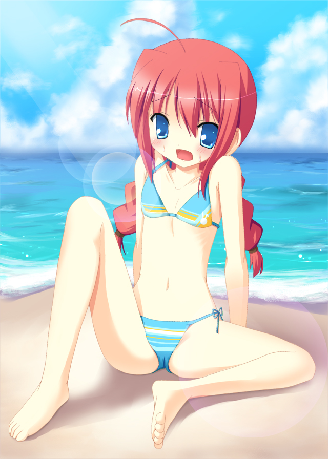 nanase yuuji, vita (nanoha), lyrical nanoha, mahou shoujo lyrical nanoha, mahou shoujo lyrical nanoha a's, striped, 00s, 1girl, ahoge, barefoot, beach, bikini, blue bikini, blue eyes, blush, braid, day, feet, female focus, flat chest, loli, outdoors, red hair, side-tie bikini bottom, solo, swimsuit, twin braids