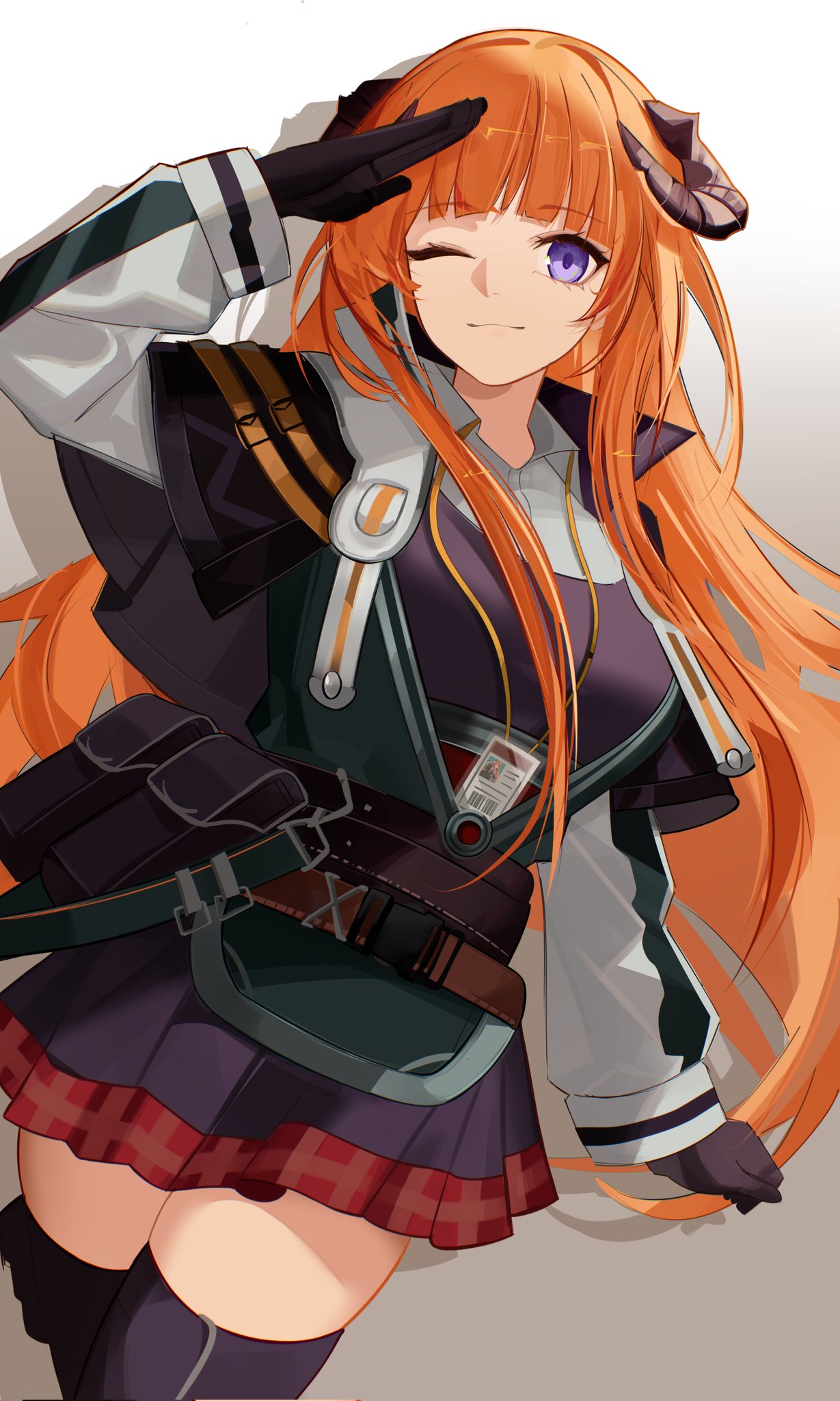 dzyyeee, bagpipe (arknights), arknights, commentary, commission, corrupted twitter file, english commentary, highres, 1girl, ;), belt, black capelet, black gloves, black horns, black skirt, black thighhighs, blunt bangs, brown belt, brown hair, capelet, cowboy shot, drop shadow, gloves, gradient background, grey background, horns, light smile, long hair, long sleeves, looking at viewer, one eye closed, plaid clothes, plaid skirt, pleated skirt, pouch, purple eyes, purple vest, red skirt, salute, shirt, skirt, smile, solo, standing, thighhighs, vest, white background, white shirt