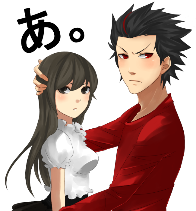 sasakure, hana (kamen rider den-o), kamen rider den-o, kohana, momotaros, momotarosu, nogami ryoutarou, kamen rider, kamen rider den-o (series), bad id, bad pixiv id, 1boy, 1girl, black eyes, black hair, blouse, blush, breasts, couple, hetero, medium breasts, possessed, possession, red eyes, shirt