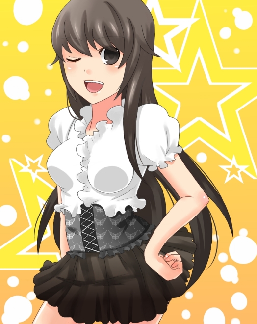 sasakure, hana (kamen rider den-o), kamen rider den-o, kamen rider, kamen rider den-o (series), bad id, bad pixiv id, 1girl, black eyes, black hair, blouse, female focus, no legwear, one eye closed, shirt, skirt, smile, solo, star (symbol), wink