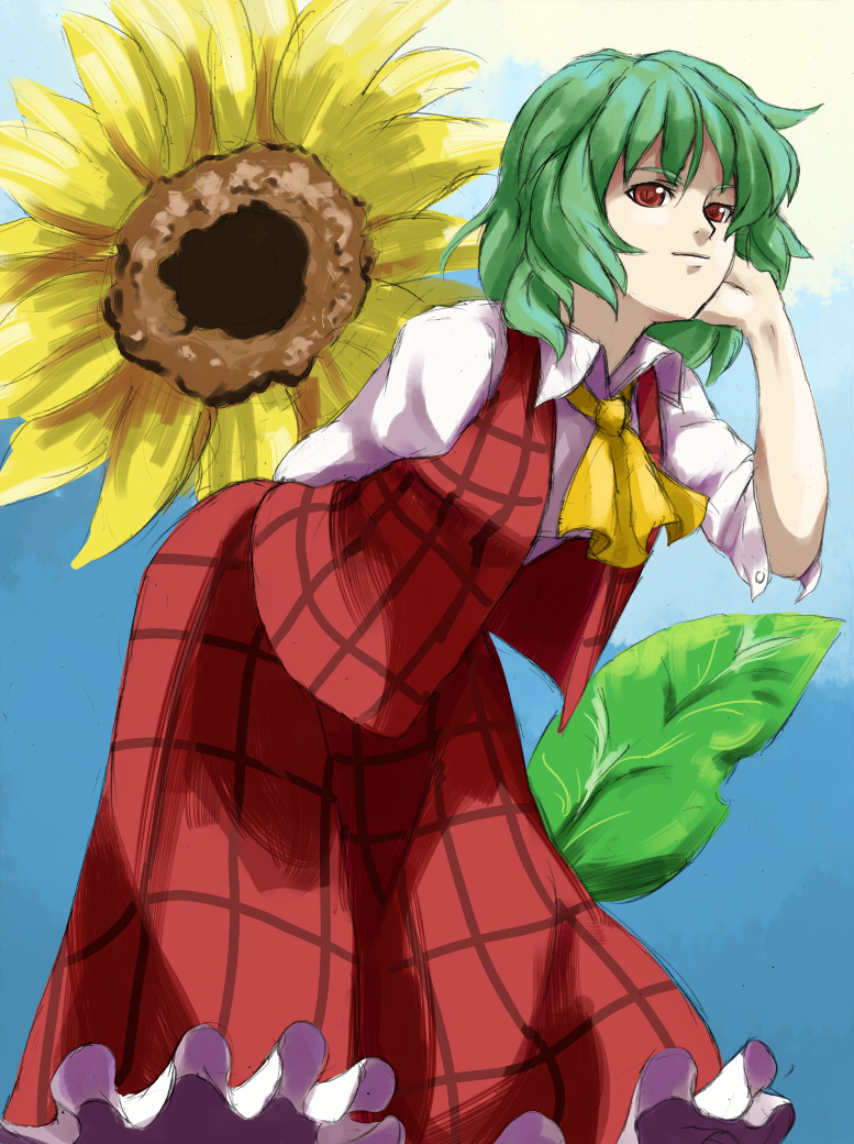 shibasaki shouji, kazami yuuka, touhou, bad id, bad pixiv id, 1girl, adjusting hair, ascot, female focus, flower, green hair, leaning forward, light smile, plaid clothes, plaid skirt, plaid vest, red eyes, ribbon, short hair, skirt, skirt set, slit pupils, solo, sunflower, vest