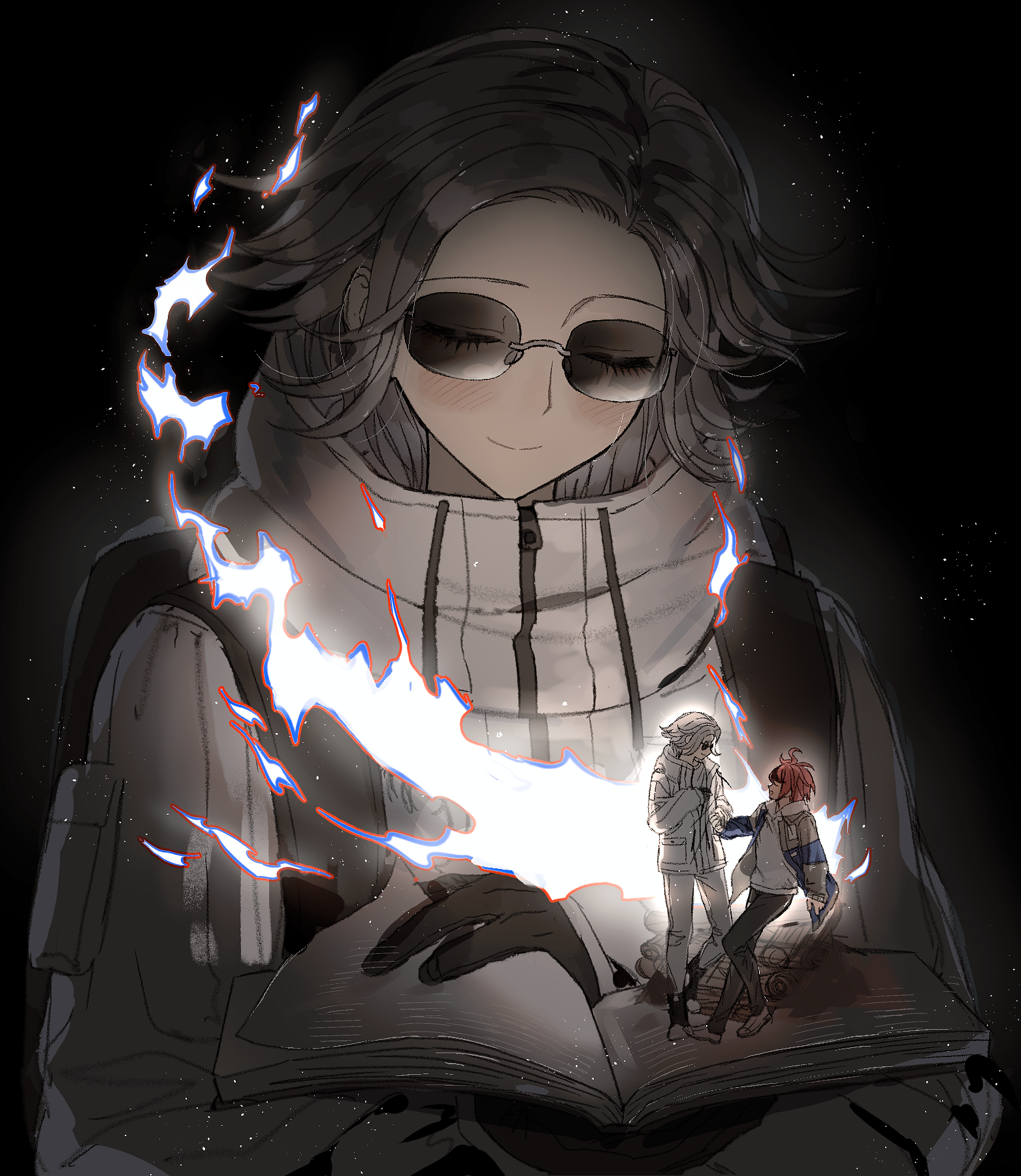 aotsuki eito, sumino takumi, the hundred line -last defense academy-, chinese commentary, commentary request, highres, spoilers, 3boys, black gloves, blush, book, clone, closed eyes, gloves, grey hair, holding, holding book, jacket, male focus, mini person, miniboy, multiple boys, open book, short hair, size difference, smile, sunglasses, syuu 1125, white jacket