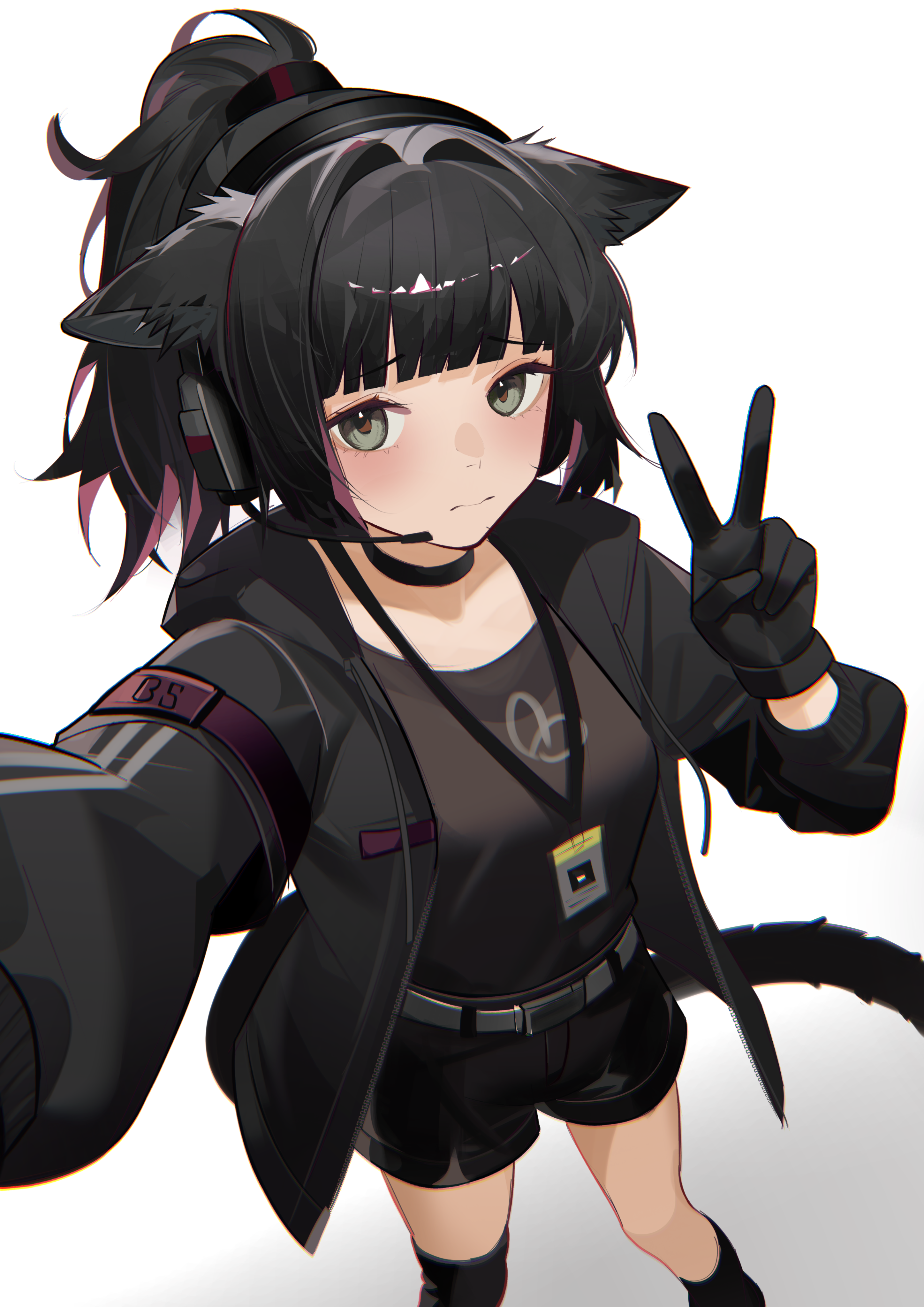 dzyyeee, jessica (arknights), arknights, absurdres, commentary, english commentary, highres, mixed-language commentary, 1girl, animal ears, asymmetrical legwear, belt, black choker, black gloves, black hair, black jacket, black shirt, black shorts, black socks, black tail, black thighhighs, blunt bangs, blush, choker, chromatic aberration, closed mouth, embarrassed, feet out of frame, gloves, gradient background, green eyes, grey background, grey belt, hair intakes, headset, hood, hood down, hooded jacket, jacket, kneehighs, lanyard, long sleeves, looking at viewer, multicolored hair, open clothes, open jacket, pink hair, selfie, shirt, short hair, short shorts, shorts, single kneehigh, single sock, single thighhigh, socks, solo, standing, streaked hair, t-shirt, tail, thighhighs, uneven legwear, v, white background