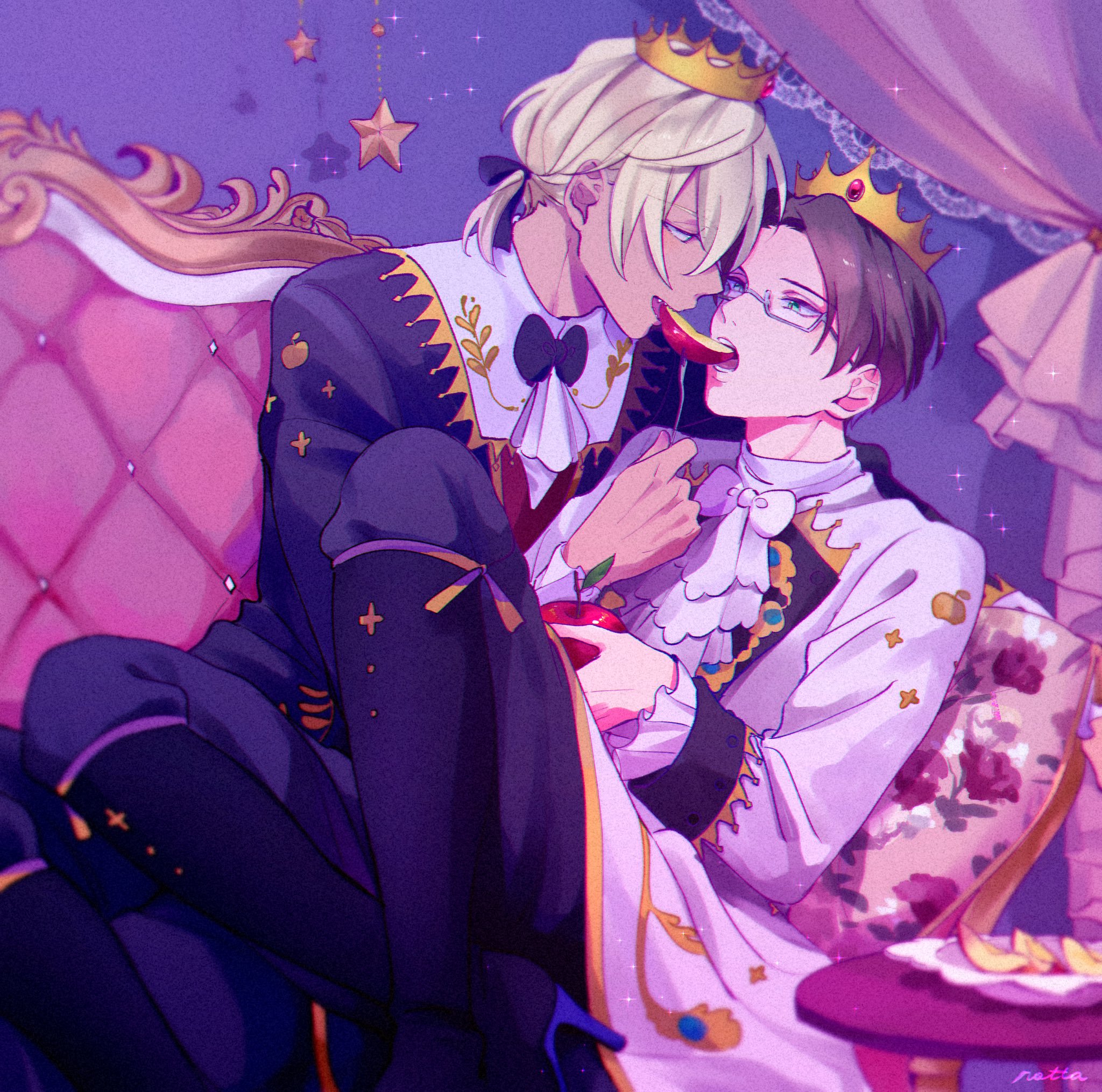 akutsu mabu, niiboshi reo, sarazanmai, commentary request, highres, 2boys, apple, apple slice, ascot, black boots, black jacket, black ribbon, blonde hair, boots, bow, brown hair, crown, curtains, food, food in mouth, fruit, green eyes, high heels, jacket, long sleeves, male focus, multiple boys, open mouth, pillow, rectangular eyewear, ribbon, shaaark rotta03, shared food, sharp teeth, short hair, sitting, sparkle, table, teeth, white ascot, white bow, white jacket, yaoi