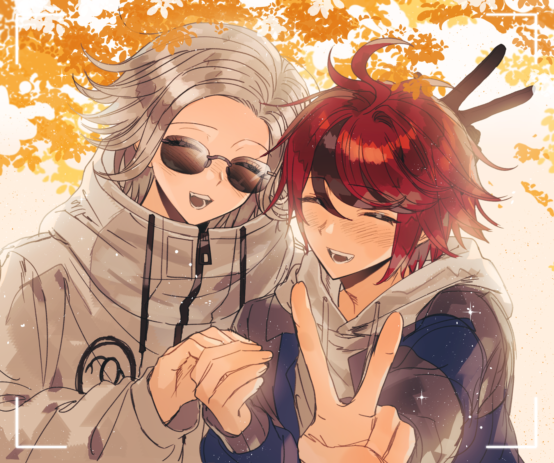 aotsuki eito, sumino takumi, the hundred line -last defense academy-, commentary request, highres, spoilers, variant set, 2boys, :d, ahoge, bunny ears prank, facing viewer, fang, grey hair, holding hands, male focus, multicolored hair, multiple boys, open mouth, red hair, short hair, smile, streaked hair, sunglasses, syuu 1125, v