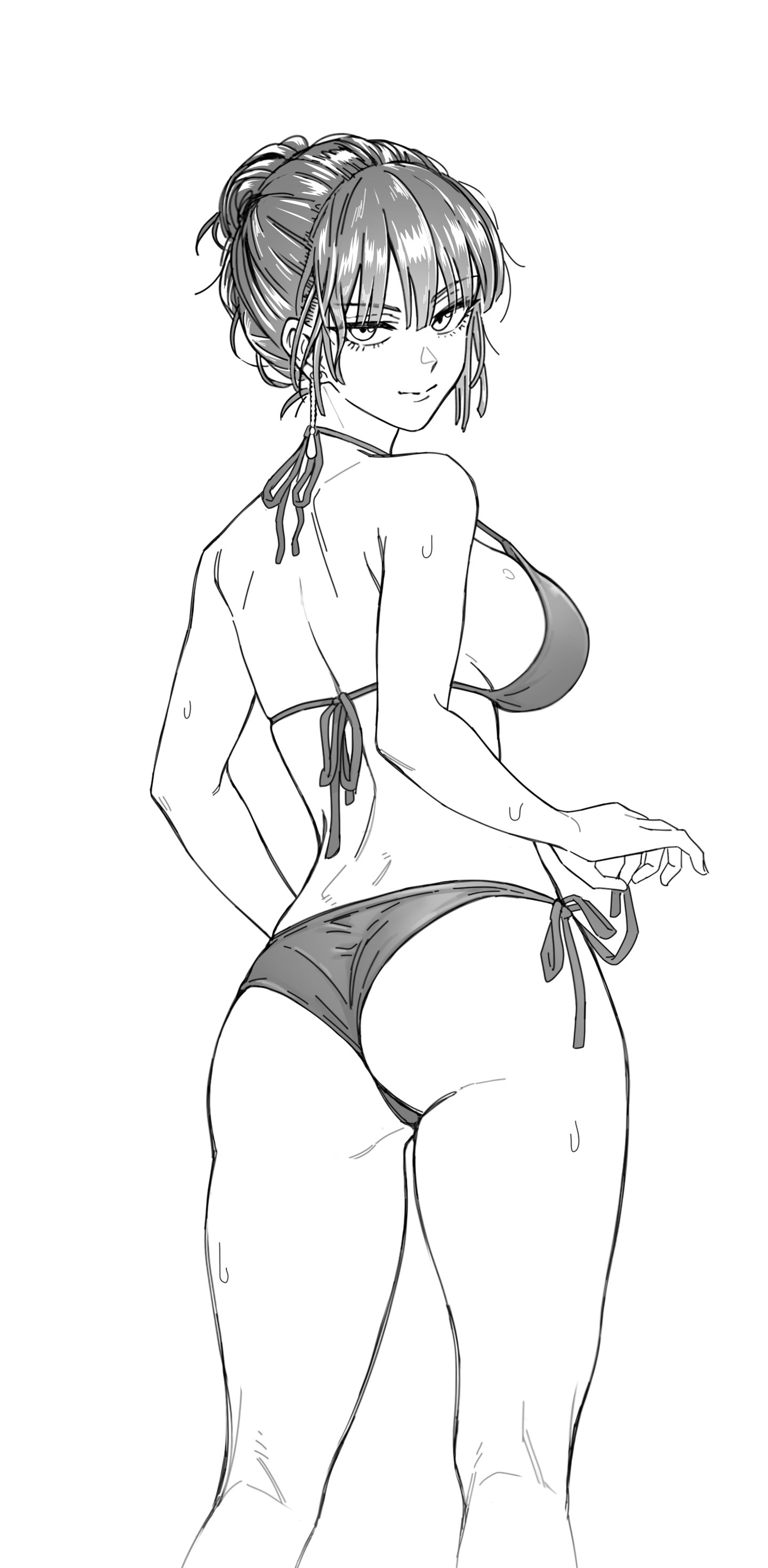 lw goombang, fubuki (one-punch man), one-punch man, absurdres, character request, check character, commentary, highres, symbol-only commentary, 1girl, ass, back, bikini, breasts, closed mouth, from behind, greyscale, large breasts, looking at viewer, looking back, monochrome, short hair, side-tie bikini bottom, simple background, solo, swimsuit, wet