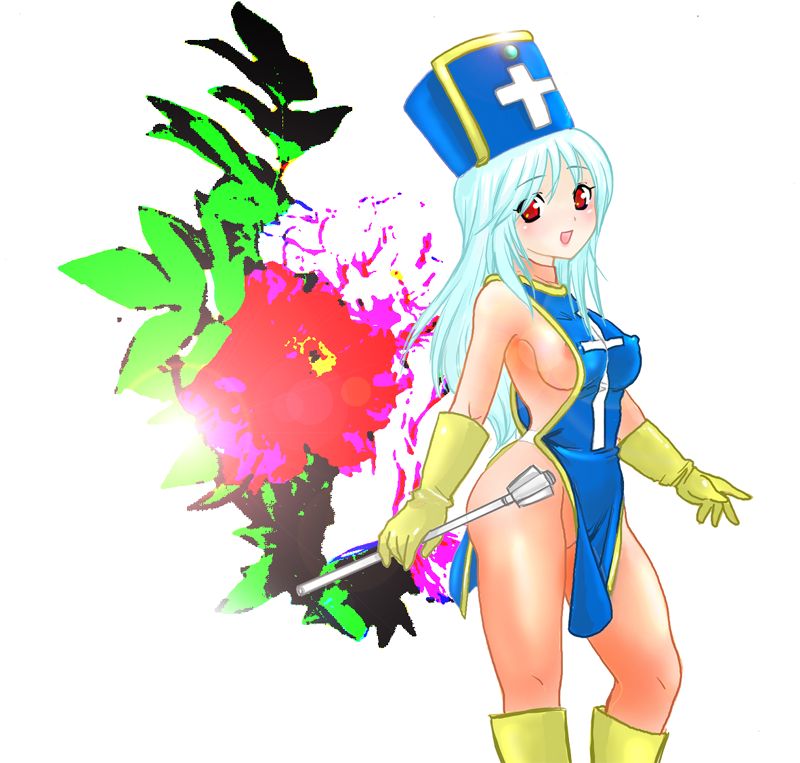 priest (dq3), chunsoft, dragon quest, dragon quest iii, enix, 1girl, blue hair, blue hat, blue tabard, blush, bodysuit, breasts, covered erect nipples, female focus, gloves, hat, long hair, mace, medium breasts, mitre, red eyes, sideboob, solo, tabard, weapon