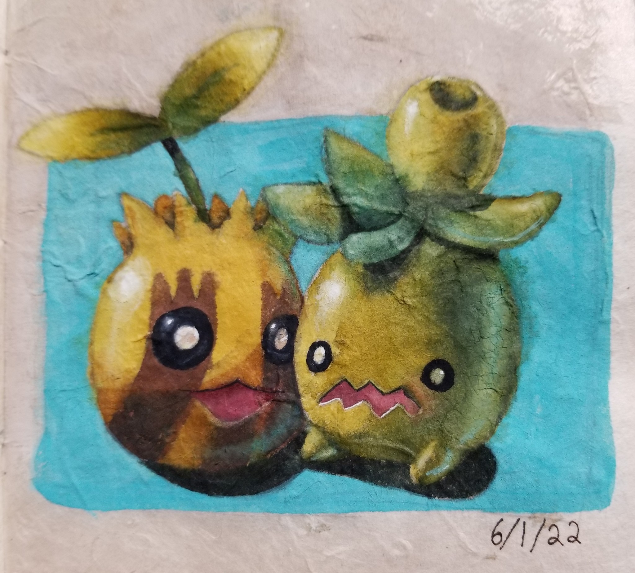 smoliv, sunkern, nintendo, pokemon, highres, traditional media, dated, gen 2 pokemon, no humans, open mouth, pokemon (creature), sailorsun546