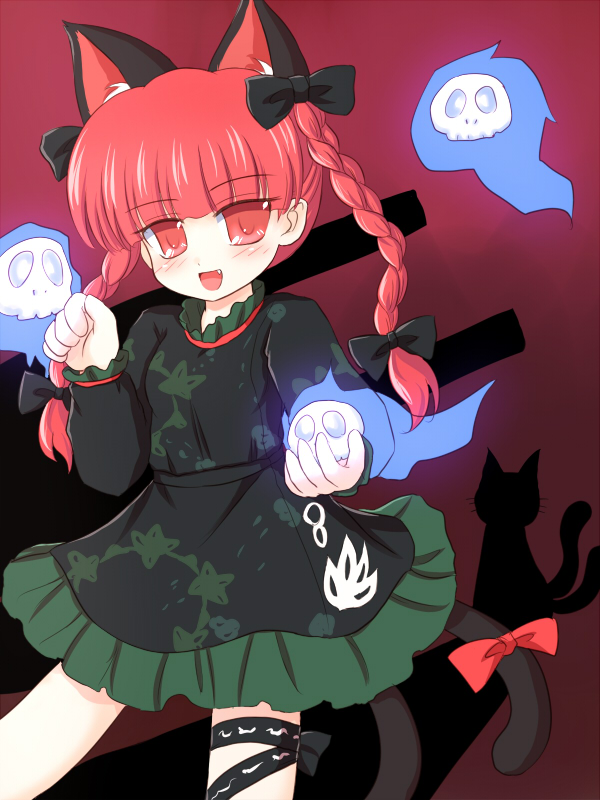 ry (yagoyago), kaenbyou rin, touhou, 1girl, animal ears, braid, cat ears, cat girl, cat tail, child, female focus, gradient background, red hair, ribbon, solo, tail, twin braids, twintails