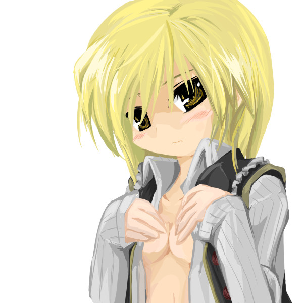 kotojima motoki, kotoshima, lunasa prismriver, touhou, 1girl, blush, breasts, female focus, open clothes, open shirt, shirt, simple background, solo, upper body, white background