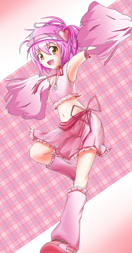 nama (namaiki), amulet heart, hinamori amu, shugo chara!, visor, 1girl, boots, cheerleader, female focus, loose socks, magical girl, midriff, navel, pink background, pink boots, pink hair, pink theme, ribbon, skirt, socks, solo, visor cap, yellow eyes