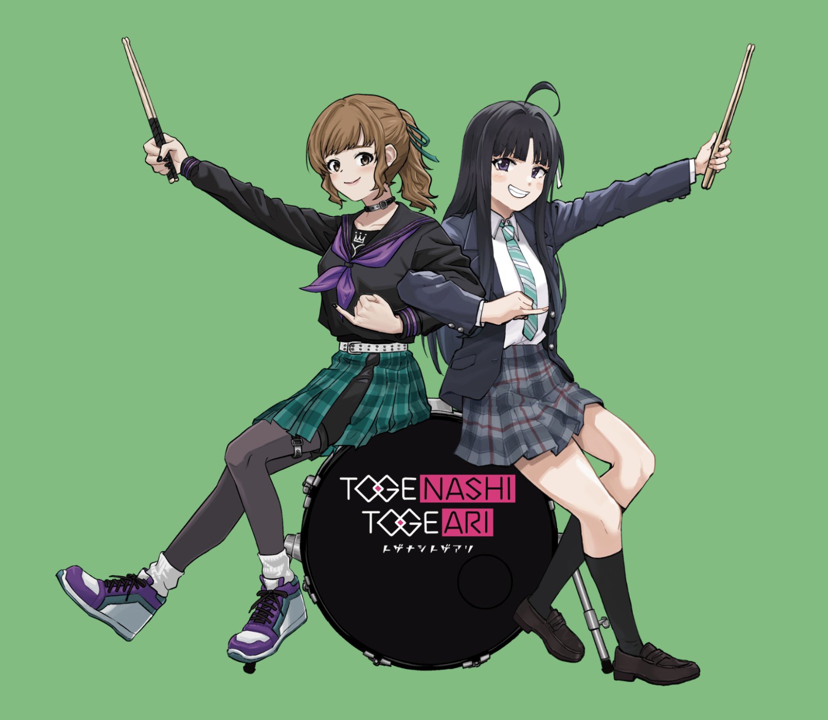 nes q, awa subaru, girls band cry, real life, artist collaboration, highres, 2girls, ahoge, black hair, brown eyes, brown hair, drum, drumsticks, green background, holding, holding drumsticks, holding staff, instrument, isshin ichi, looking at viewer, mirei (voice actor), multiple girls, plaid clothes, plaid skirt, school uniform, shirt, skirt, smile, staff, togenashi togeari, voice actor connection, white shirt