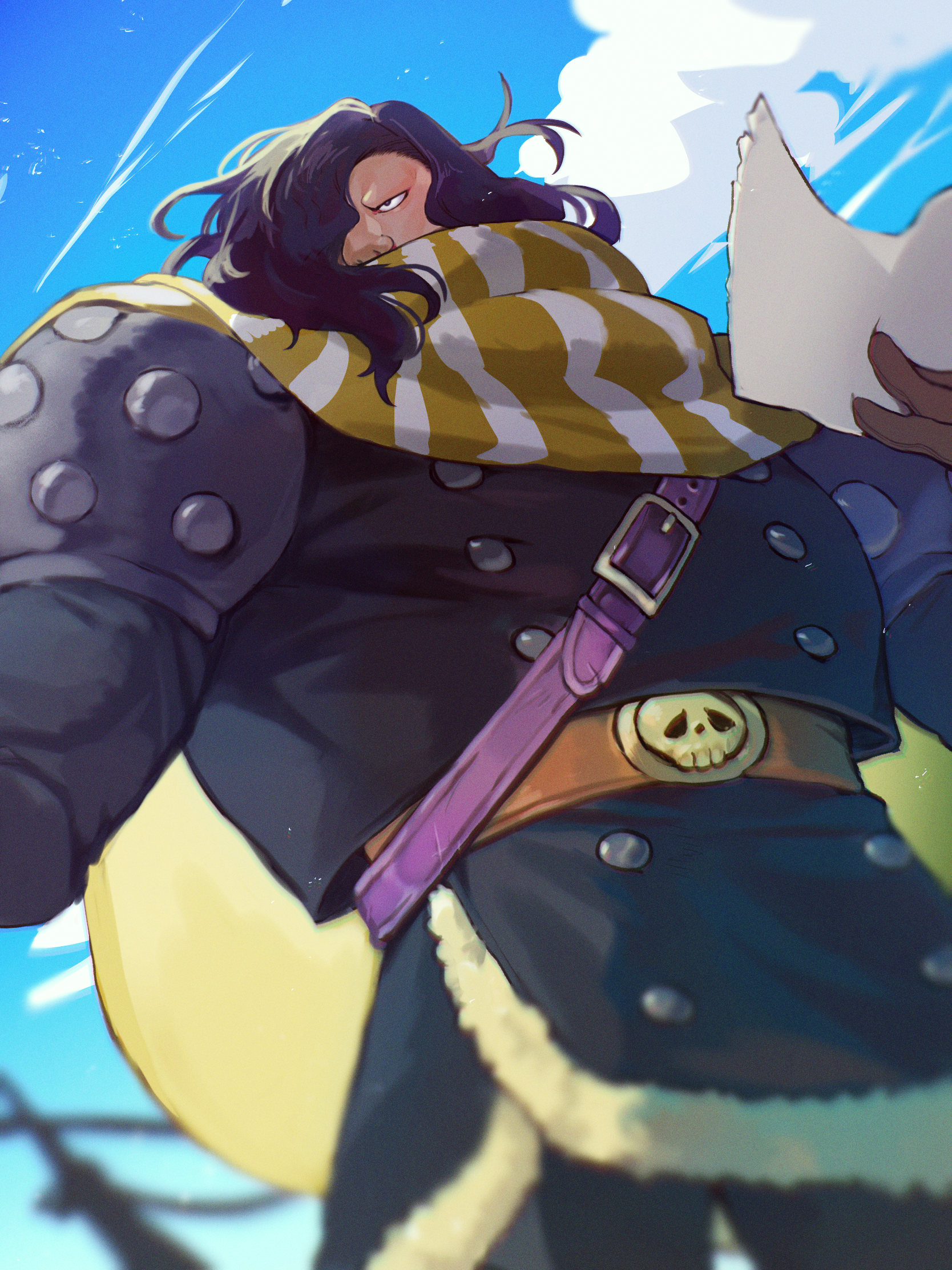 shiratori yokikana, road (one piece), one piece, commentary request, highres, 1boy, belt, big nose, black hair, blue sky, brown belt, brown gloves, cloud, gloves, holding, holding paper, light particles, looking to the side, male focus, outdoors, paper, scarf, scarf over mouth, sky, solo, striped clothes, striped scarf