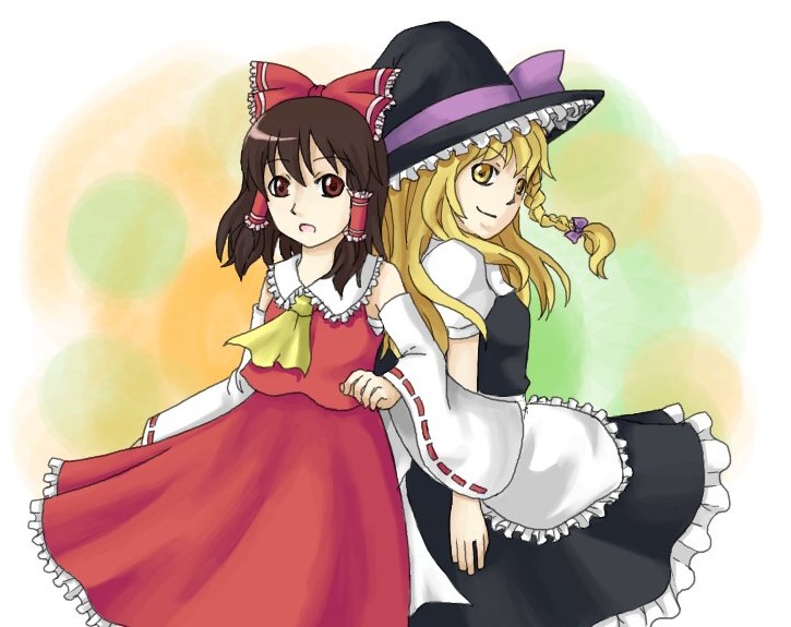 hakurei reimu, kirisame marisa, touhou, bad id, bad pixiv id, 2girls, :d, apron, back-to-back, blonde hair, bow, brown eyes, brown hair, detached sleeves, female focus, hair bow, hair tubes, hat, japanese clothes, long sleeves, looking at viewer, miko, multiple girls, open mouth, sidelocks, smile, waist apron, witch, witch hat, yellow eyes