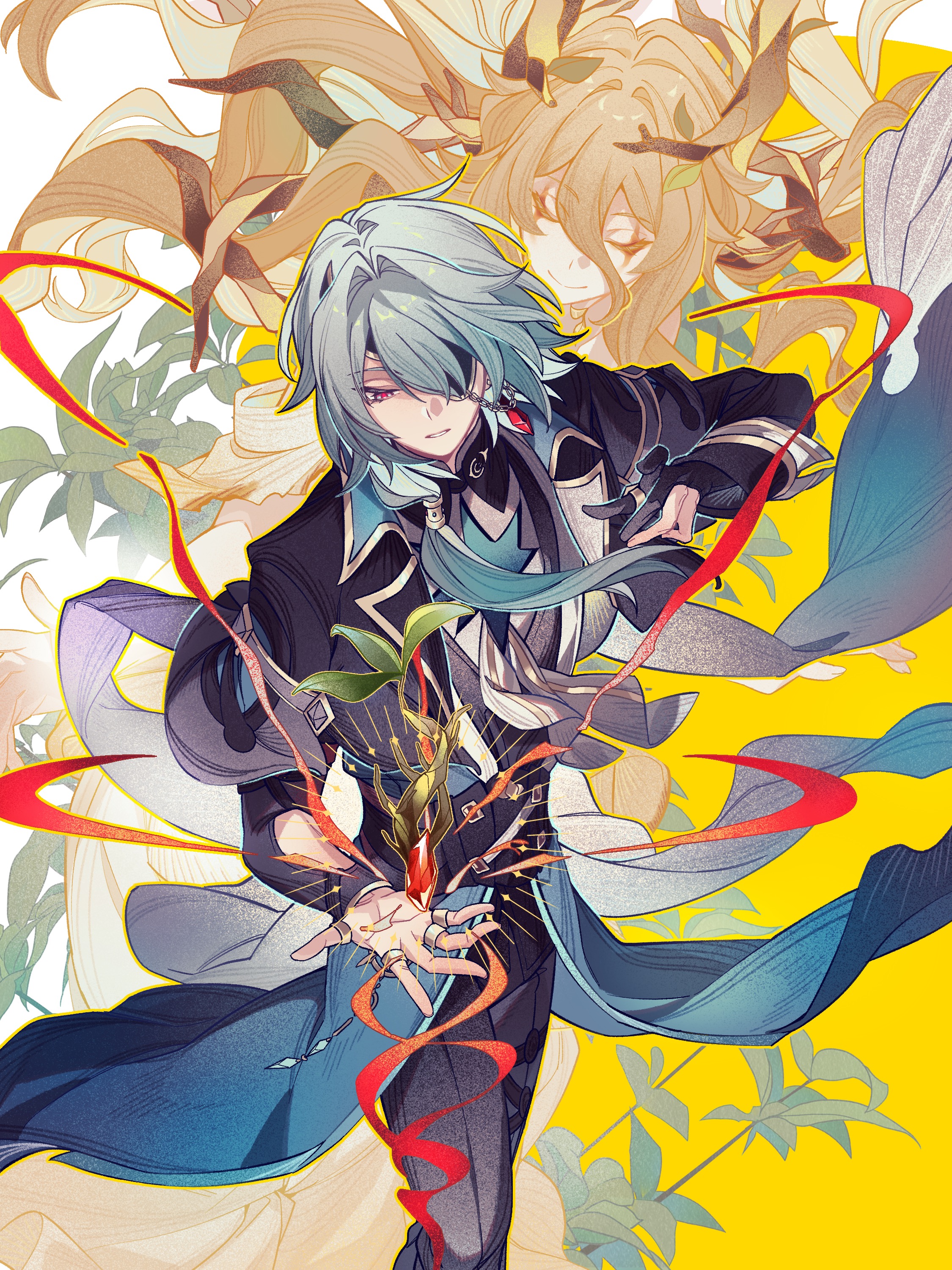 rongyuan gulu, anaxa (honkai: star rail), calypso (honkai: star rail), honkai: star rail, honkai (series), absurdres, chinese commentary, commentary request, highres, 1boy, 1girl, aqua eyes, aqua hair, ascot, black capelet, black gloves, black pants, black shirt, black vest, blue coat, brown eyeshadow, brown hair, capelet, chain, closed eyes, closed mouth, coat, cowboy shot, eyepatch, eyeshadow, facing viewer, gem, gloves, hair between eyes, hair intakes, hair over shoulder, hair tubes, hand up, jewelry, leaf, long hair, long sleeves, looking down, low ponytail, makeup, multiple rings, one eye covered, outline, outstretched hand, pants, parted lips, partially fingerless gloves, ponytail, red gemstone, red pupils, ring, shirt, single glove, single hair tube, smile, standing, thigh strap, tree horns, two-tone background, vest, white ascot, white background, yellow background, yellow outline