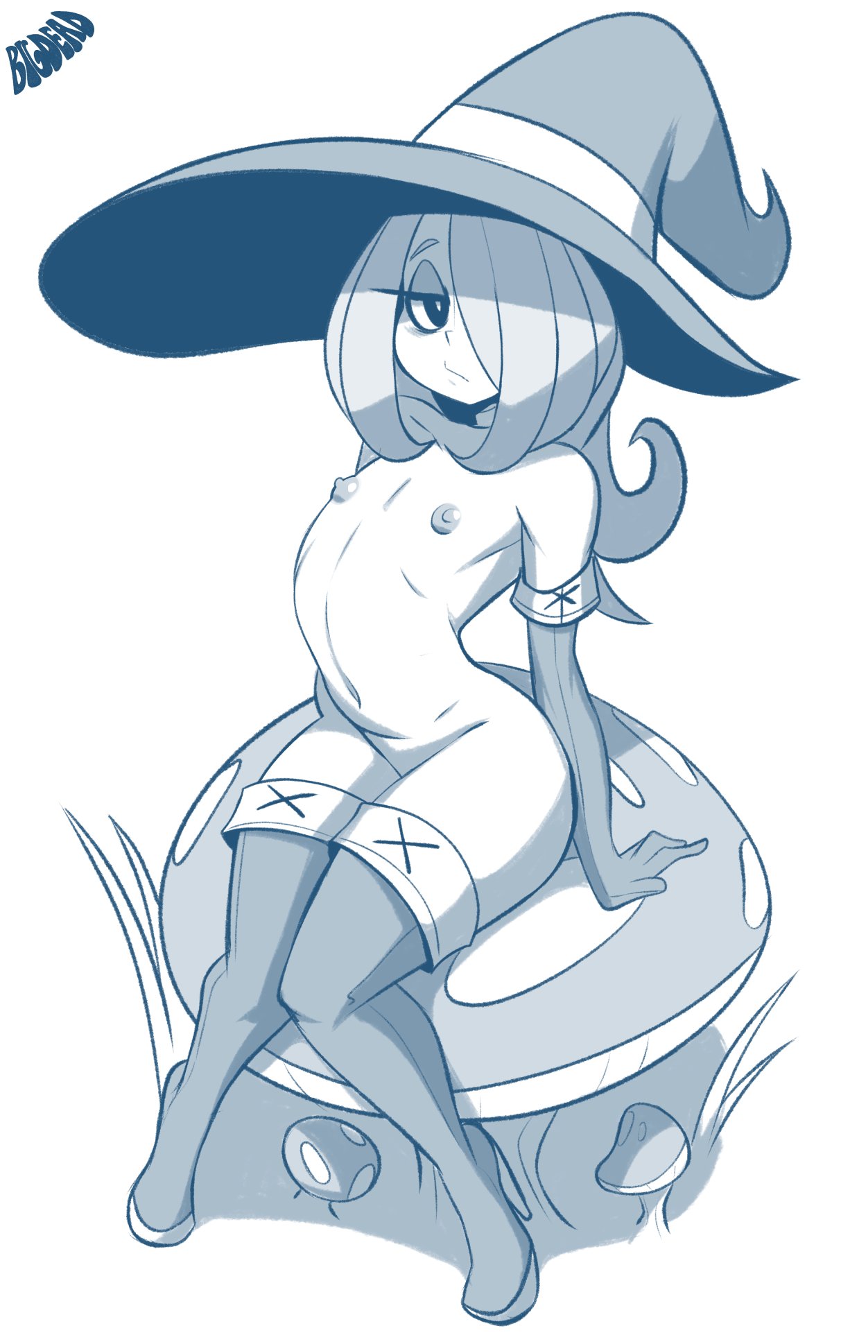bigdead, sucy manbavaran, little witch academia, highres, 1girl, boots, elbow gloves, flat chest, gloves, hair over one eye, hat, high heel boots, high heels, looking at viewer, medium hair, nipples, nude, thigh boots, witch hat