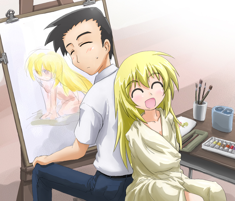 tanada-bon, kate (sketchbook full colors), sugyou ujou, sketchbook full colors, 00s, 1boy, 1girl, ^ ^, art brush, black hair, blonde hair, closed eyes, easel, modeling, paintbrush, painting (action), sketchbook, smile, ujo sugyo