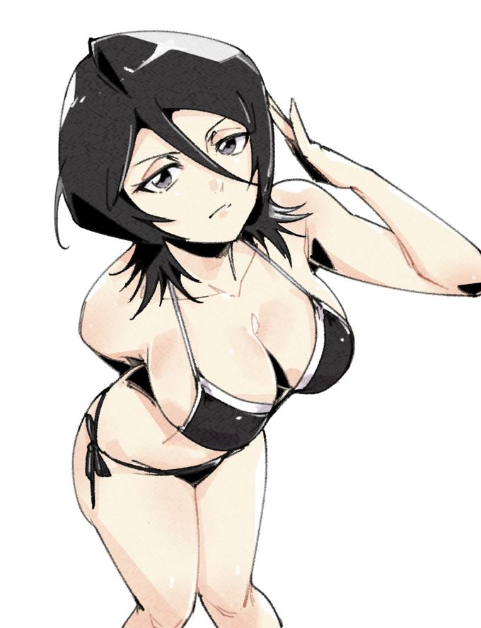 relaxjon, kuchiki rukia, bleach, 1girl, alternate breast size (larger), arm behind back, bare shoulders, bikini, black hair, breasts, closed mouth, collarbone, female focus, large breasts, medium hair, simple background, swimsuit, white background