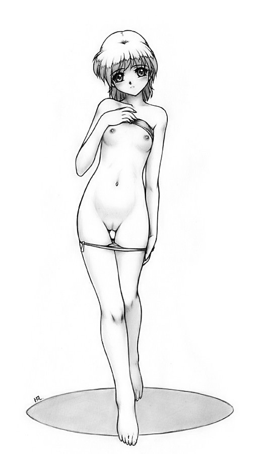 harumachi nagaaki, original, 1girl, barefoot, bikini, bikini pull, bra, bra lift, breasts, censored, cleft of venus, clothes pull, feet, female focus, flat chest, full body, greyscale, legs, lingerie, monochrome, nipples, panties, panty pull, pussy, short hair, small breasts, solo, standing, swimsuit, underwear, underwear only