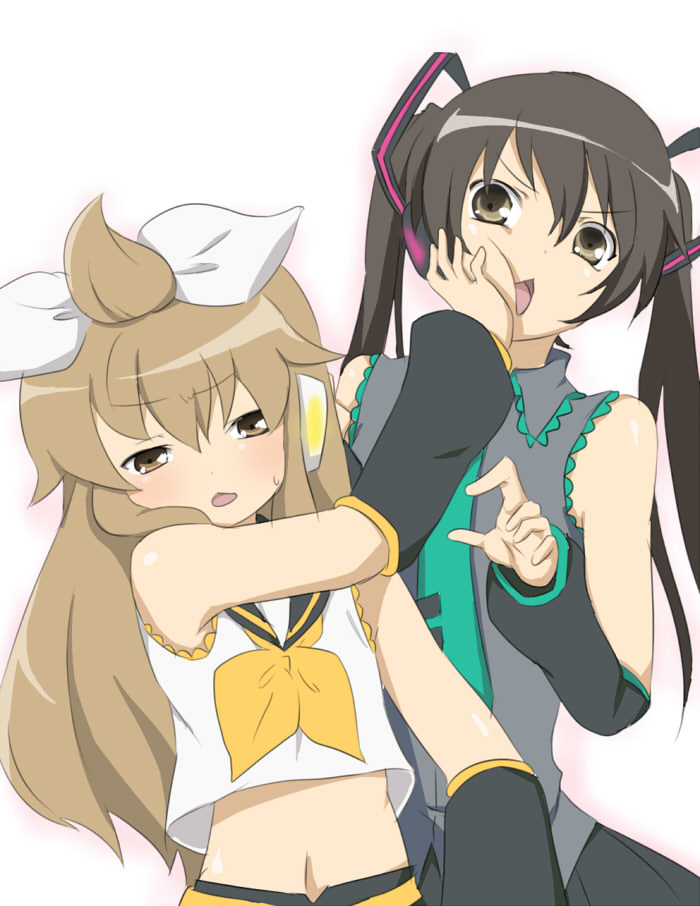 maruki (punchiki), hatsune miku, kagamine rin, minami chiaki, minami kana, minami-ke, vocaloid, 2girls, ahoge, brown eyes, brown hair, chestnut mouth, child, cosplay, furrowed brow, hatsune miku (cosplay), kagamine rin (cosplay), midriff, multiple girls, navel, parody, pushing away, siblings, sisters, twintails