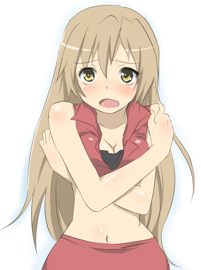 maruki (punchiki), meiko (vocaloid), minami haruka, minami-ke, vocaloid, 1girl, blush, breasts, cleavage, cosplay, female focus, gradient background, meiko (cosplay), parody, solo