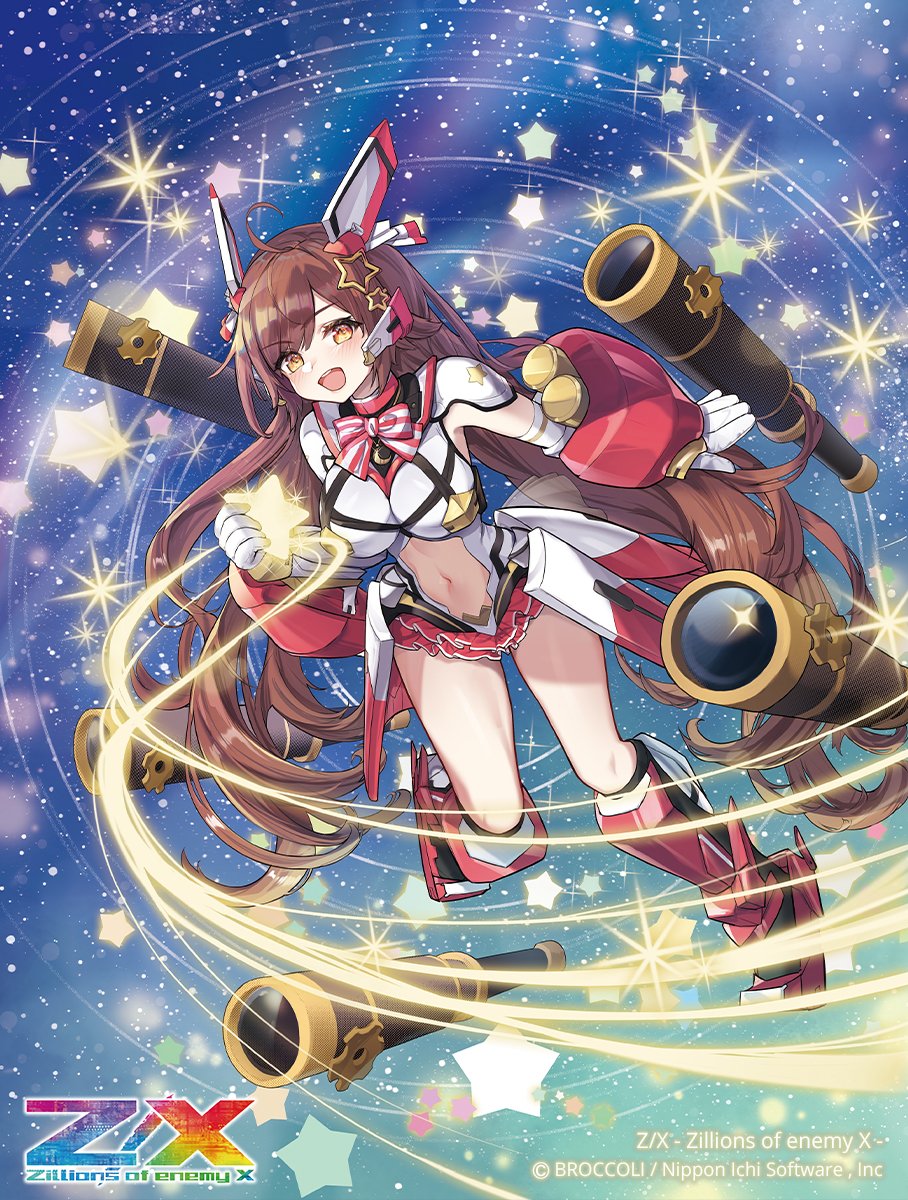 kokko (kokko3045), z/x, highres, official art, 1girl, ahoge, arm guards, bodysuit, bow, bowtie, breasts, brown eyes, brown hair, clothing cutout, copyright logo, copyright notice, ear protection, frilled skirt, frills, gloves, hair ornament, large breasts, long hair, miniskirt, navel, navel cutout, open mouth, plaid clothes, prism (z/x), red skirt, skirt, solo, space, star (symbol), star hair ornament, striped bow, striped bowtie, striped clothes, teeth, telescope, upper teeth only, very long hair, white bodysuit, white gloves
