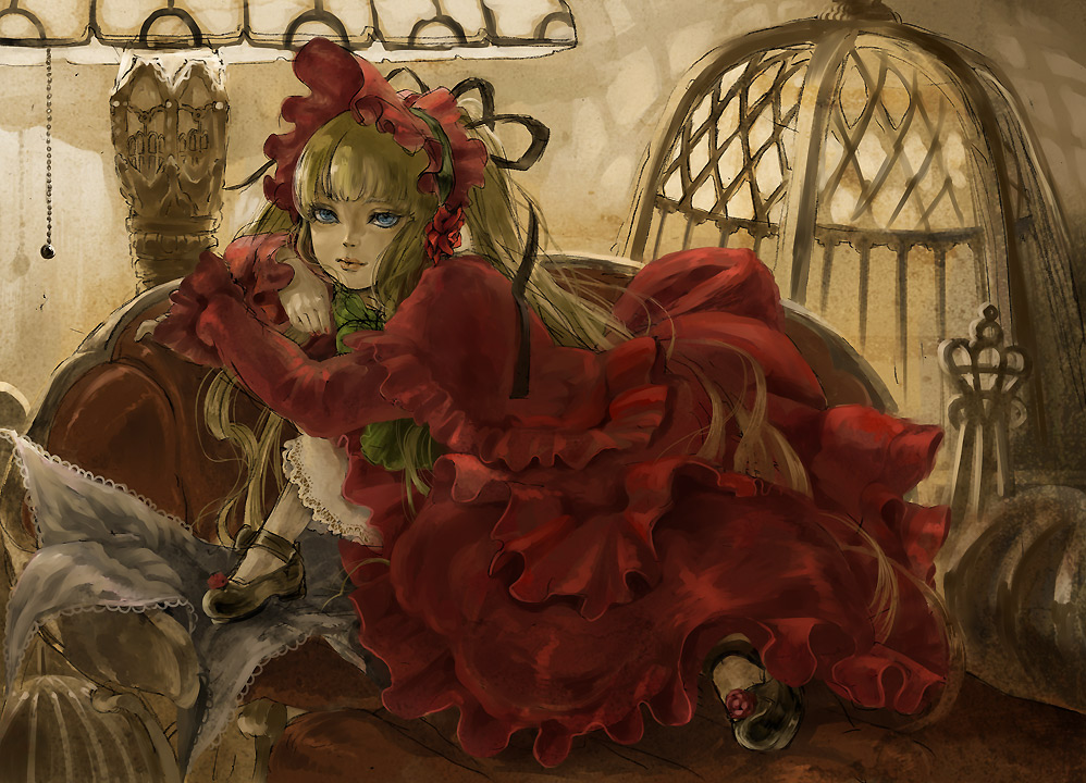 8981, shinku, rozen maiden, bad id, bad pixiv id, 00s, blonde hair, blue eyes, bonnet, dress, flower, frills, long hair, rose, solo