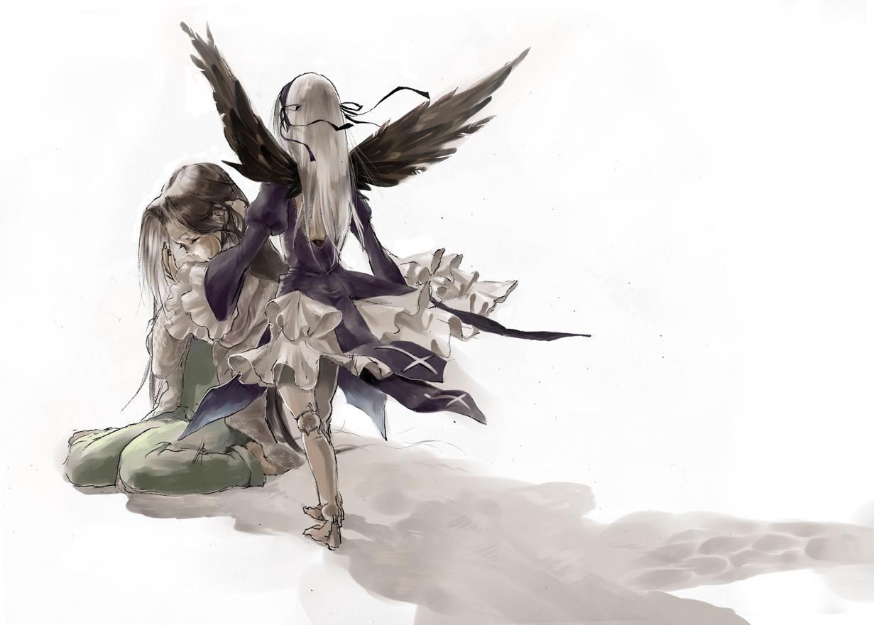8981, kakizaki megu, suigintou, rozen maiden, silver hair, bad id, bad pixiv id, 00s, black hair, doll joints, dress, frills, hairband, joints, kneeling, long hair, wings