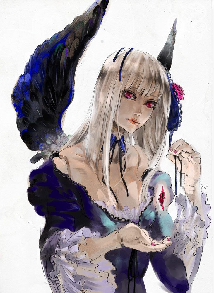 8981, suigintou, rozen maiden, silver hair, bad id, bad pixiv id, 00s, doll joints, dress, frills, hairband, joints, long hair, purple eyes, solo, wings