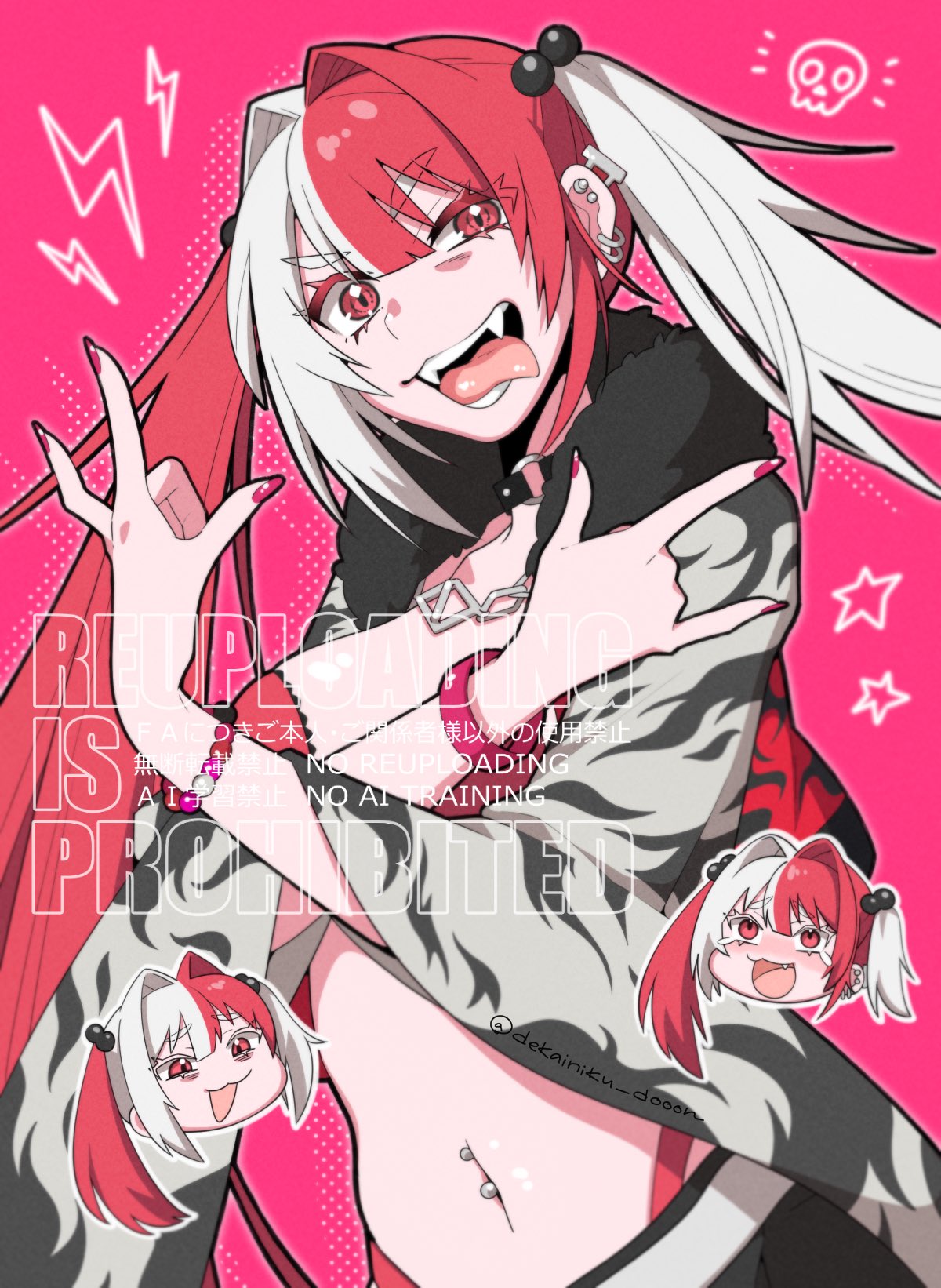 dekainiku dooon, matsunaga hitsuhide (fate), fate/grand order, fate (series), highres, 1girl, breasts, jacket, looking at viewer, multicolored hair, navel, navel piercing, open clothes, open jacket, open mouth, piercing, pink background, red eyes, skirt, smile, solo, tongue, tongue out, twintails, two-tone hair, watermark