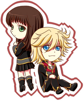 setsuko ohara, toby watson, banpresto, super robot wars, super robot wars z, super robot wars z1, lowres, 1boy, 1girl, black skirt, blonde hair, brown hair, chibi, full body, green eyes, long sleeves, looking at viewer, pleated skirt, shaded face, simple background, sitting, skirt, standing, thighhighs, white background, zettai ryouiki