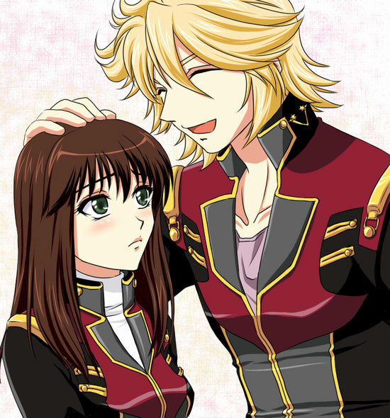 shiwa (utaha), setsuko ohara, toby watson, banpresto, super robot wars, super robot wars z, super robot wars z1, uniform, bad id, bad pixiv id, 1boy, 1girl, blonde hair, blush, brown hair, closed eyes, couple, frown, green eyes, hand on another's head, happy, hetero, short hair, turtleneck