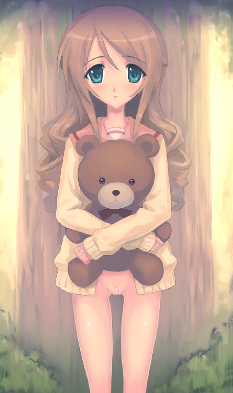 quadrastate, byakudan kagome, strawberry panic!, 00s, 1girl, aqua eyes, brown hair, censored, female focus, long hair, oshibaru, pussy, solo, stuffed animal, stuffed toy, teddy bear