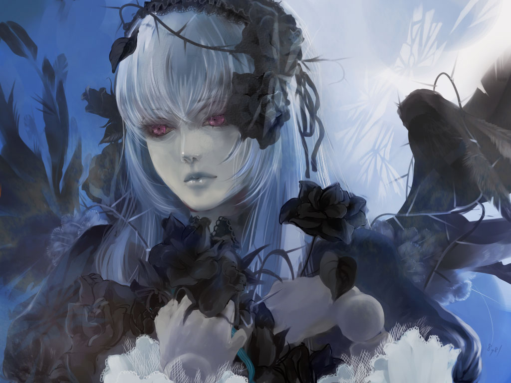 8981, suigintou, rozen maiden, silver hair, bad id, bad pixiv id, 00s, 1girl, doll joints, female focus, flower, goth fashion, hairband, joints, lips, long hair, purple eyes, rose, solo, thorns, wings