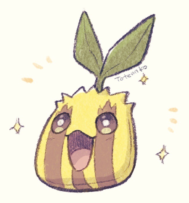 totennko, sunkern, nintendo, pokemon, artist name, gen 2 pokemon, looking at viewer, no humans, open mouth, pokemon (creature), solo, sparkle, white background