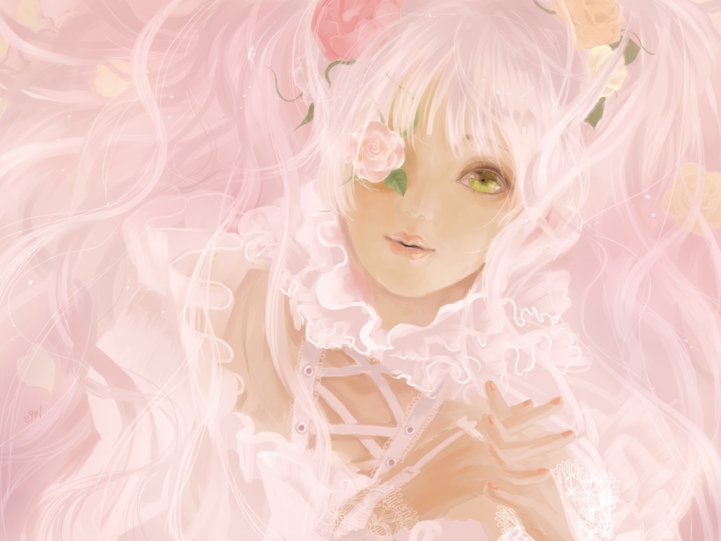 8981, kirakishou, rozen maiden, 00s, dress, eyepatch, flower, frills, long hair, pink hair, rose, solo, yellow eyes