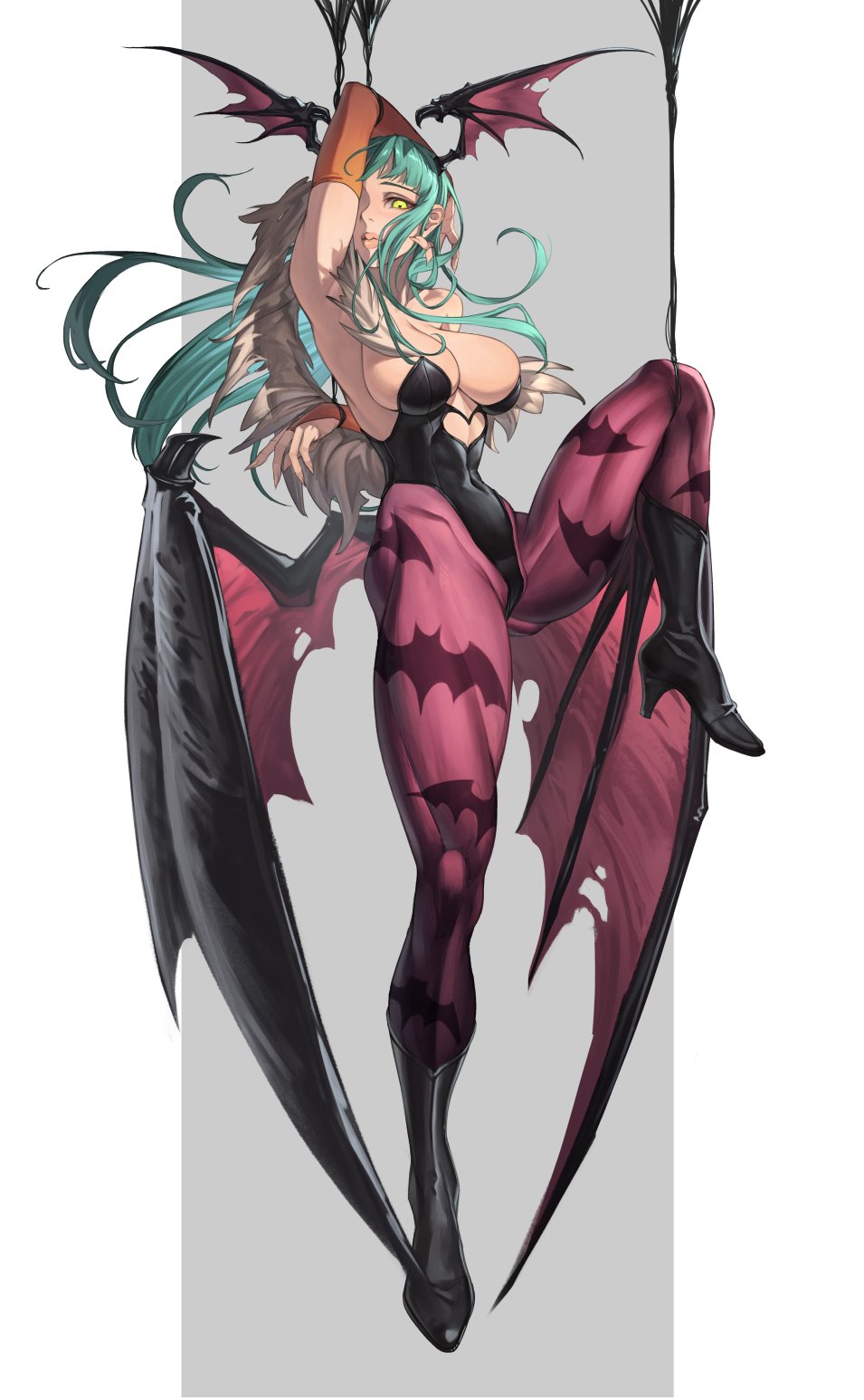 temoc, morrigan aensland, darkstalkers, highres, 1girl, animal print, aqua hair, arm behind head, arm up, armpits, arms up, bare shoulders, bat print, bat wings, black leotard, boots, bound, breasts, bridal gauntlets, cleavage, clothing cutout, covered navel, demon girl, demon wings, elbow gloves, feather trim, gloves, green eyes, green hair, head wings, heart cutout, high heel boots, high heels, highleg, highleg leotard, knee boots, large breasts, leg up, leotard, lips, long hair, looking at viewer, low wings, oversized wings, pantyhose, print pantyhose, purple pantyhose, purple wings, restrained, shiny clothes, shoes, smile, solo, standing, standing on one leg, strapless, strapless leotard, thighs, wings, yellow eyes