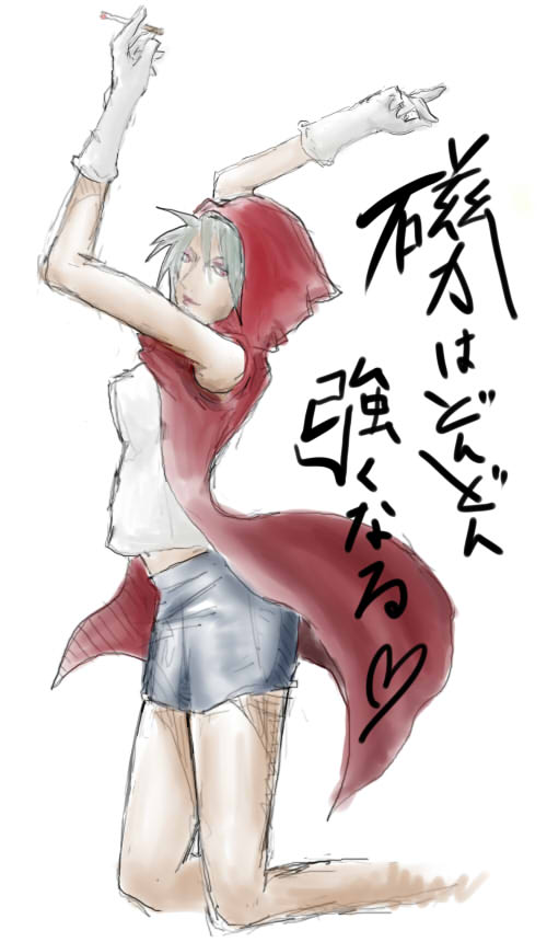 mariah (jojo), jojo no kimyou na bouken, translation request, 1girl, cigarette, dark-skinned female, dark skin, eyeshadow, female focus, gloves, heart, hood, kneeling, makeup, midriff, miniskirt, pink eyes, simple background, sketch, skirt, sleeveless, smoking, solo, white background, white hair