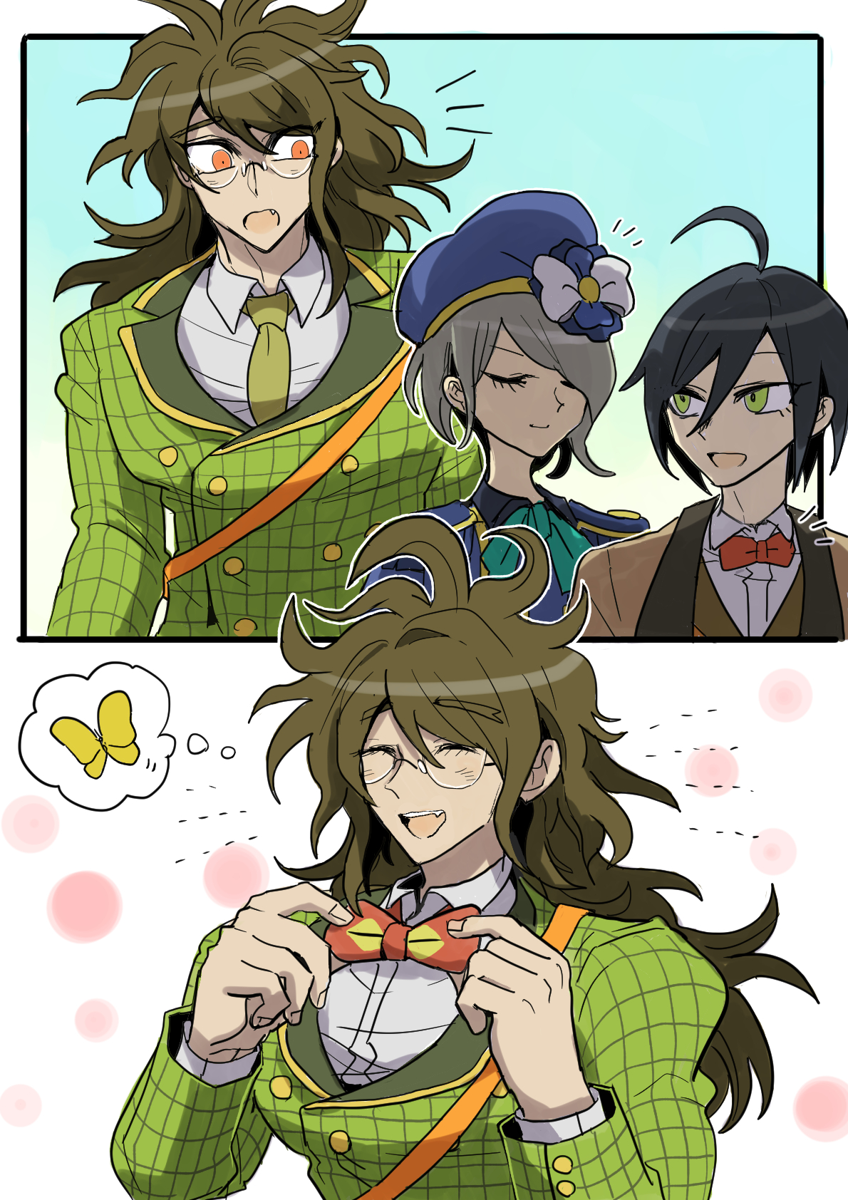kumakoro (tetsupag), gokuhara gonta, saihara shuichi, tojo kirumi, danganronpa (series), danganronpa v3: killing harmony, commentary request, highres, 1girl, 2boys, adjusting bowtie, ahoge, black hair, bow, bowtie, brown hair, brown jacket, closed eyes, collared shirt, flower, green ribbon, grey shirt, hair between eyes, hat, hat flower, jacket, long hair, long sleeves, multiple boys, muscular, muscular male, neck ribbon, necktie, notice lines, official alternate costume, orange necktie, plaid clothes, plaid jacket, purple hat, ribbon, round eyewear, shirt, short hair, smile, speech bubble, thought bubble, upper body