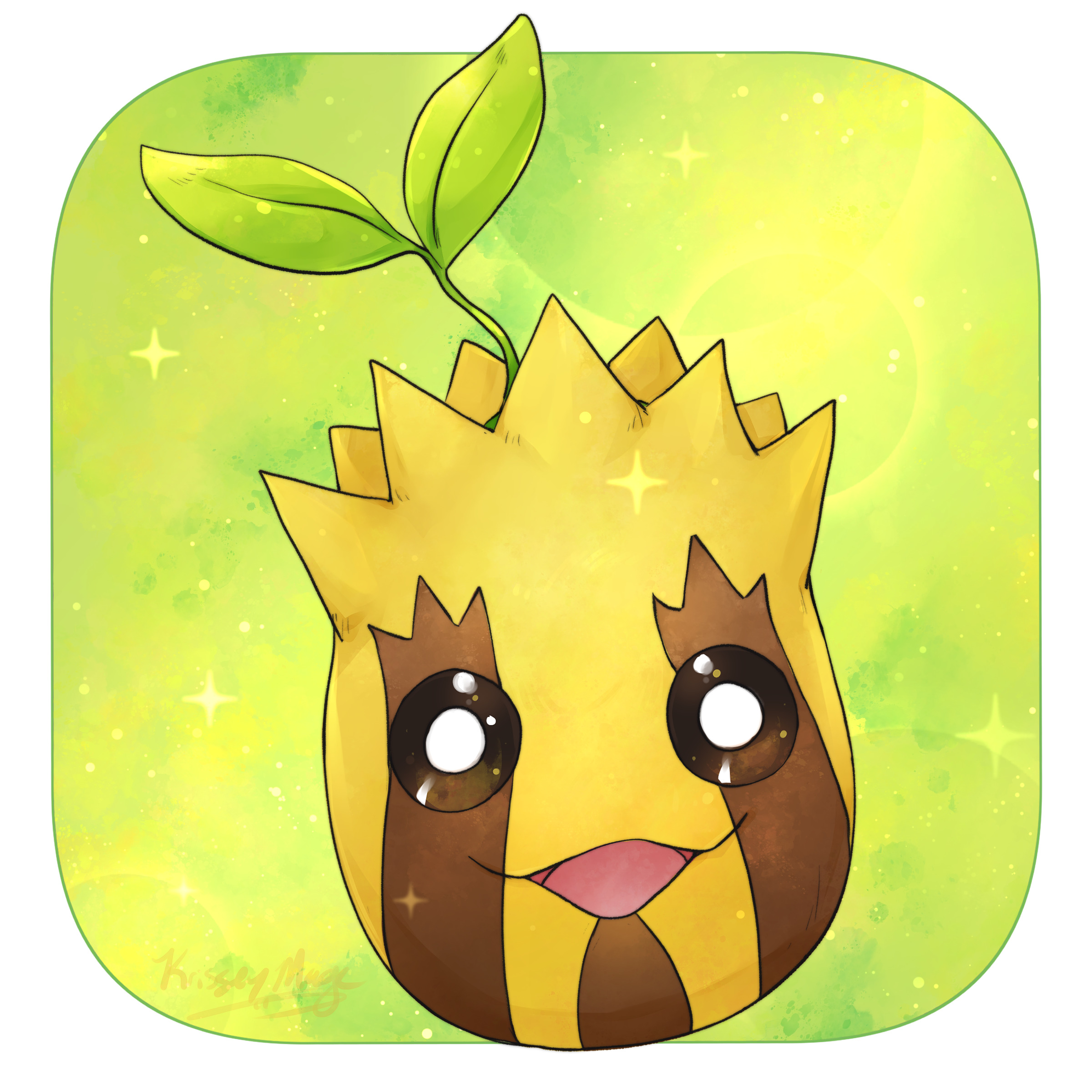krisseymage, sunkern, nintendo, pokemon, absurdres, highres, gen 2 pokemon, looking at viewer, no humans, open mouth, pokemon (creature), signature, solo, sparkle