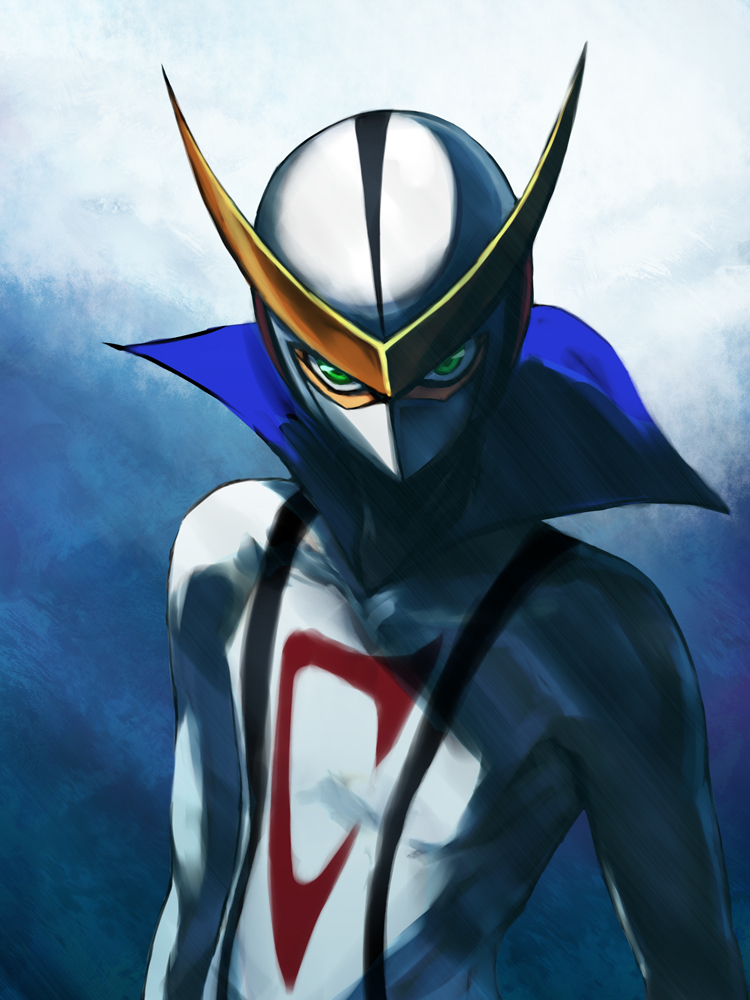 mayata, casshern, casshern (series), casshern sins, robot hunter casshern, 00s, 1boy, green eyes, helmet, high callor, male focus, mask, solo