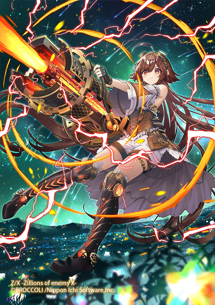 spinel (9057), z/x, official art, 1girl, ahoge, armpits, black boots, black gloves, boots, bow, brown eyes, brown hair, brown shirt, closed mouth, copyright notice, detached sleeves, electricity, energy beam, energy cannon, energy ring, fingerless gloves, gears, gloves, goggles, goggles on head, grasslands, holding cannon, light particles, long hair, night, night sky, outdoors, prism (z/x), shirt, shooting star, shorts, sky, solo, standing, star (sky), thigh strap, very long hair, white shorts