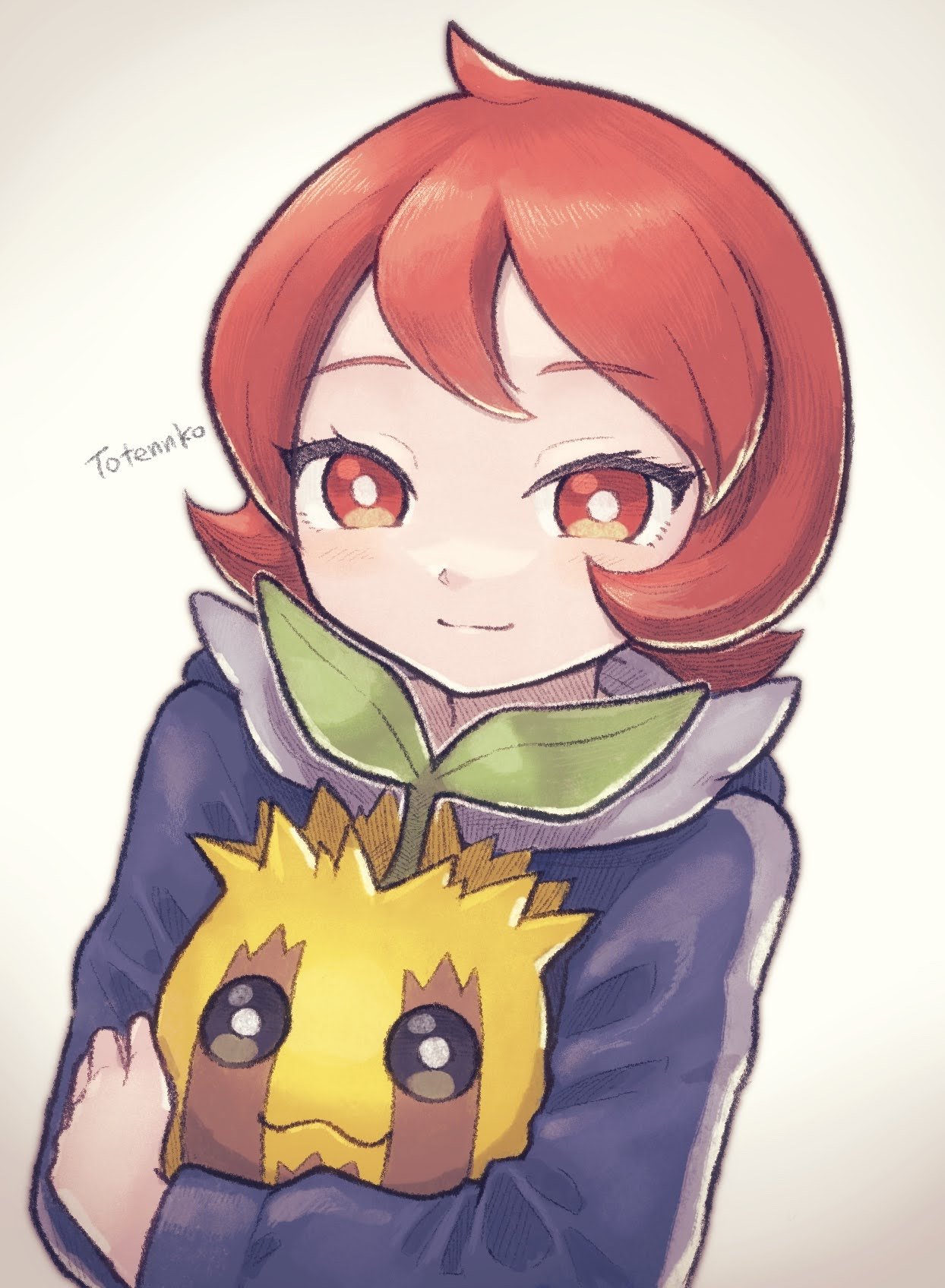 totennko, arezu (pokemon), sunkern, nintendo, pokemon, pokemon legends: arceus, highres, artist name, black jacket, bright pupils, gen 2 pokemon, holding, holding pokemon, jacket, looking at viewer, pokemon (creature), red eyes, red hair, short hair, upper body, white background, white pupils
