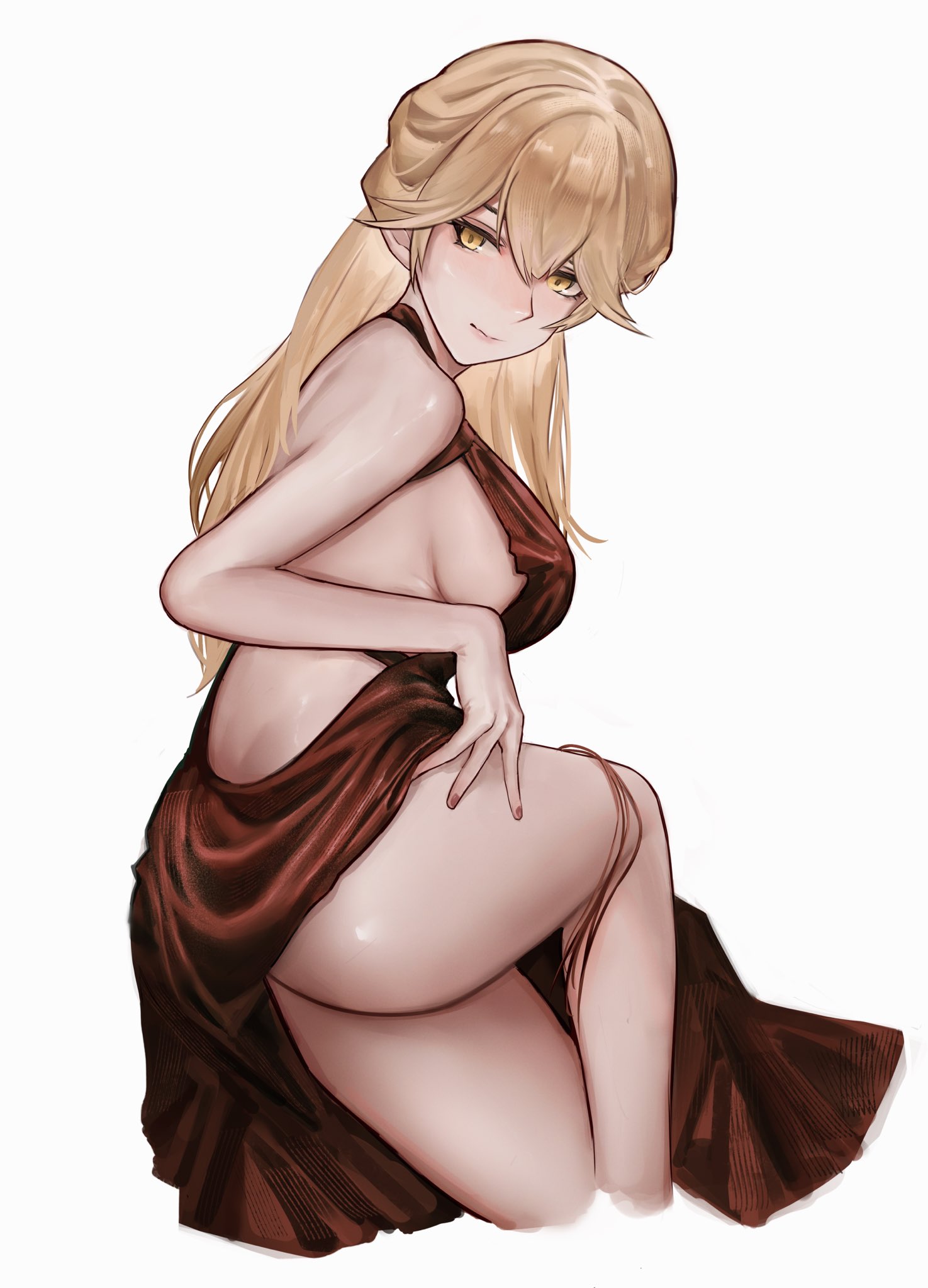 ots-14 (girls' frontline), girls' frontline, chinese commentary, commentary request, highres, 1girl, blonde hair, breasts, closed mouth, cropped legs, dress, long hair, looking at viewer, red dress, sideboob, simple background, solo, ump45m, white background, yellow eyes