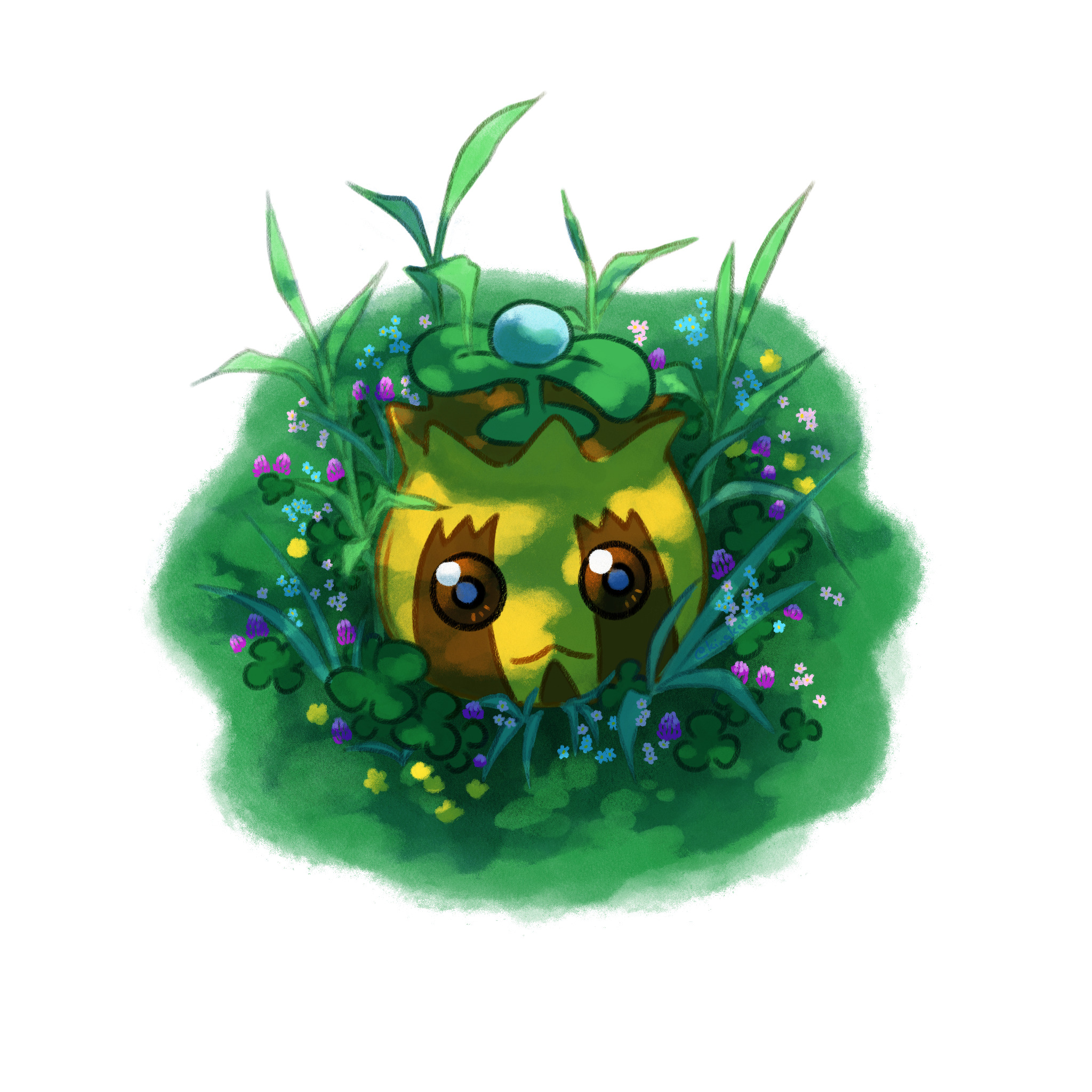 sunkern, nintendo, pokemon, highres, castle-and-theflame, gen 2 pokemon, grass, looking at viewer, no humans, pokemon (creature), simple background, solo, white background